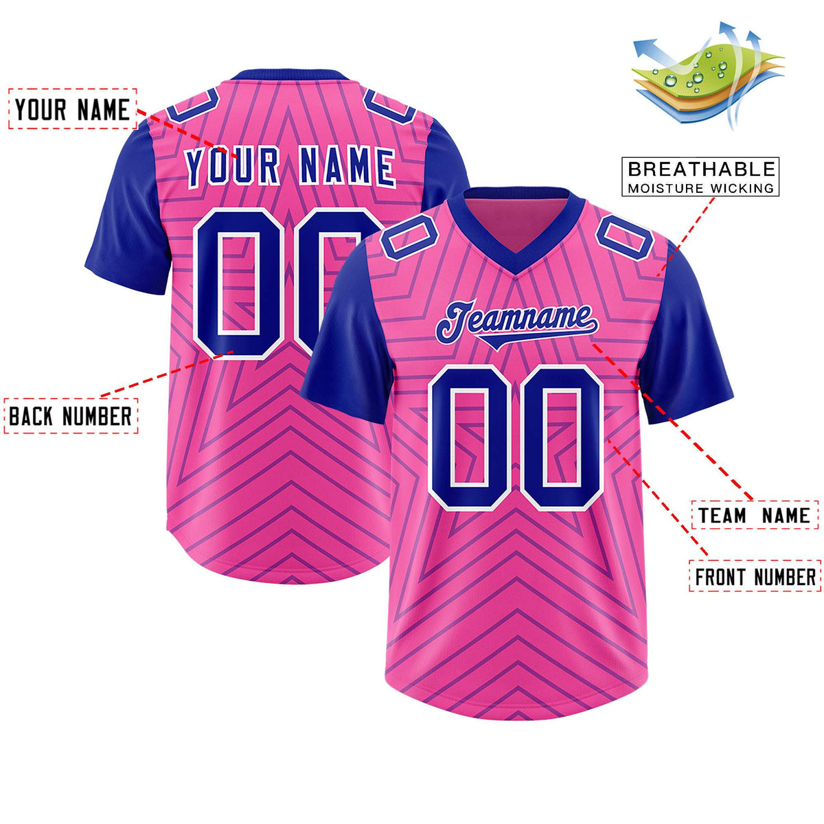 Custom Pink Royal Personalized Star Pattern Raglan Sleeves Authentic American Football Jersey