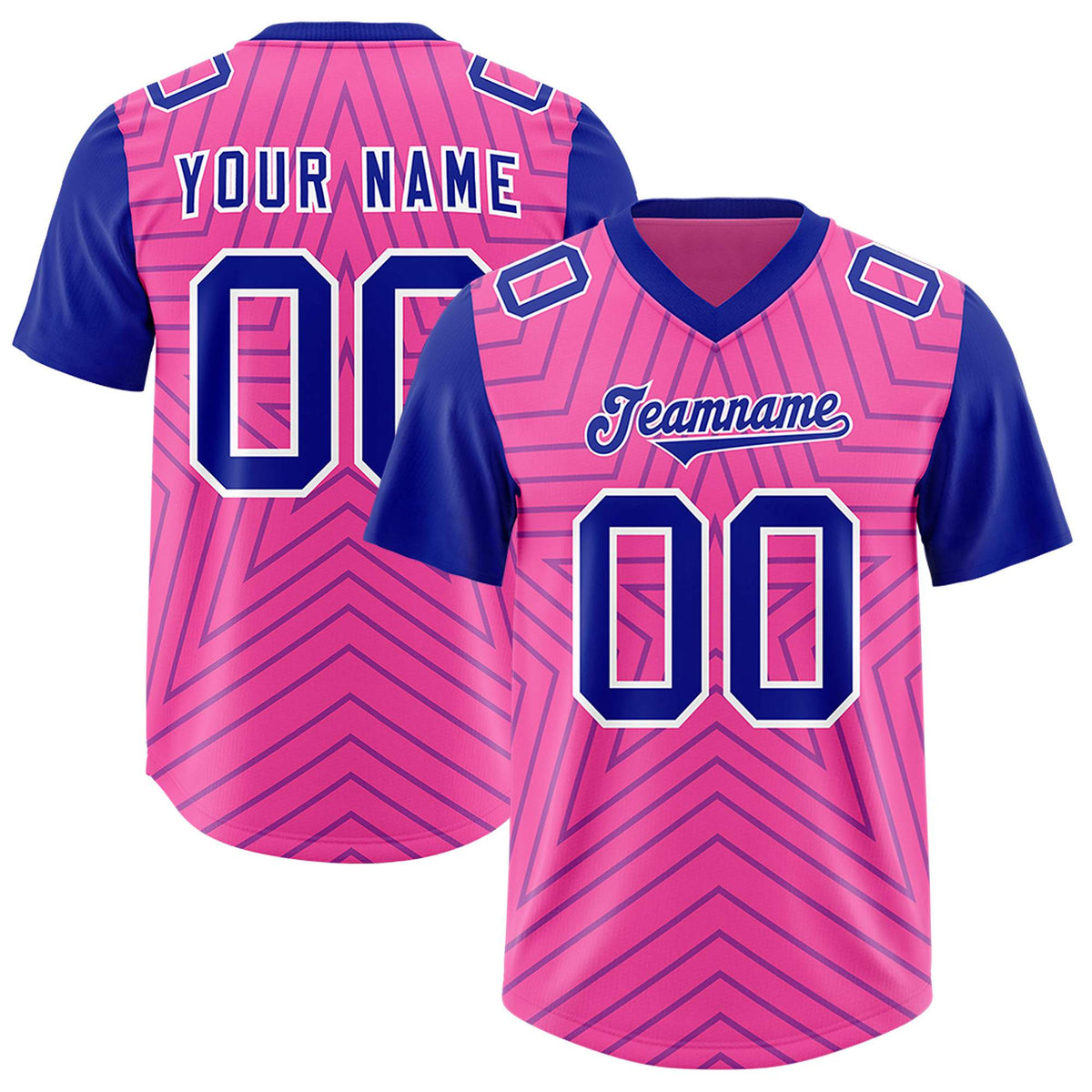 Custom Pink Royal Personalized Star Pattern Raglan Sleeves Authentic American Football Jersey