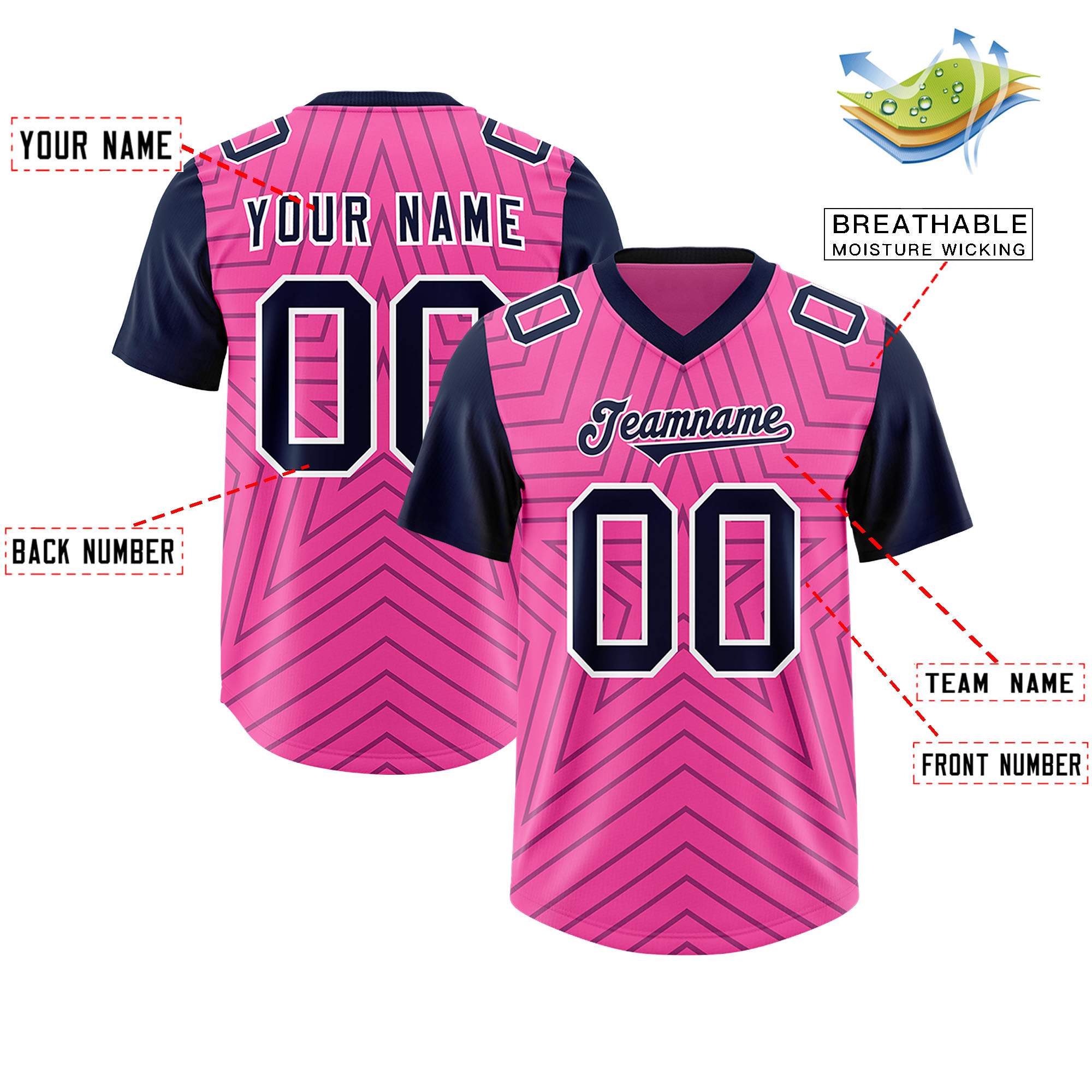 Custom Pink Navy Personalized Star Pattern Raglan Sleeves Authentic American Football Jersey