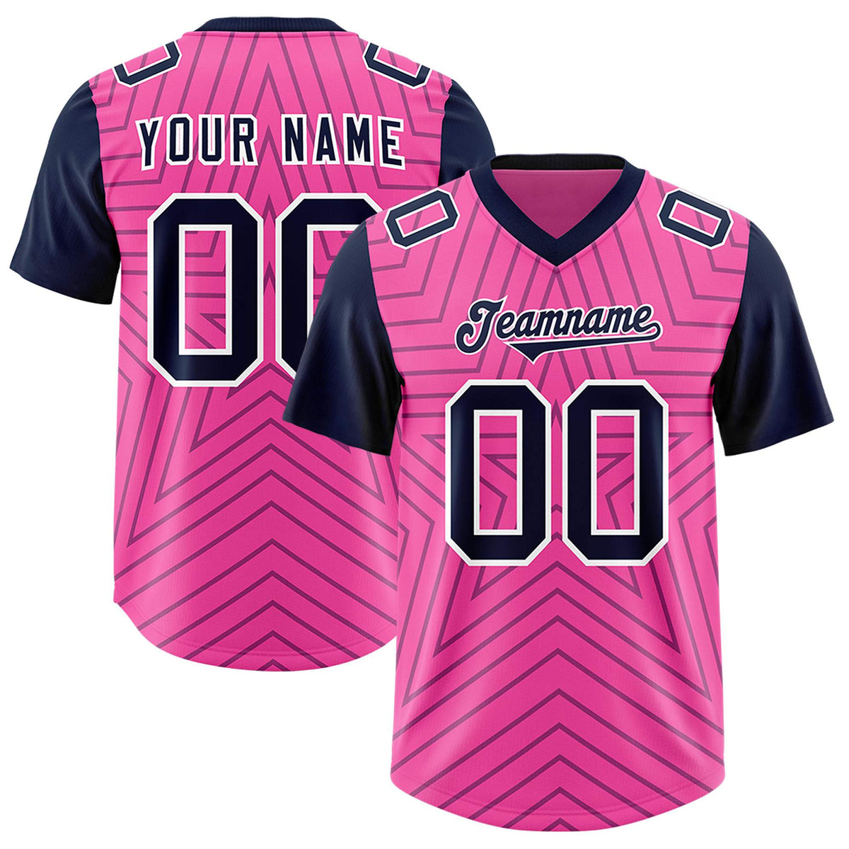 Custom Pink Navy Personalized Star Pattern Raglan Sleeves Authentic American Football Jersey