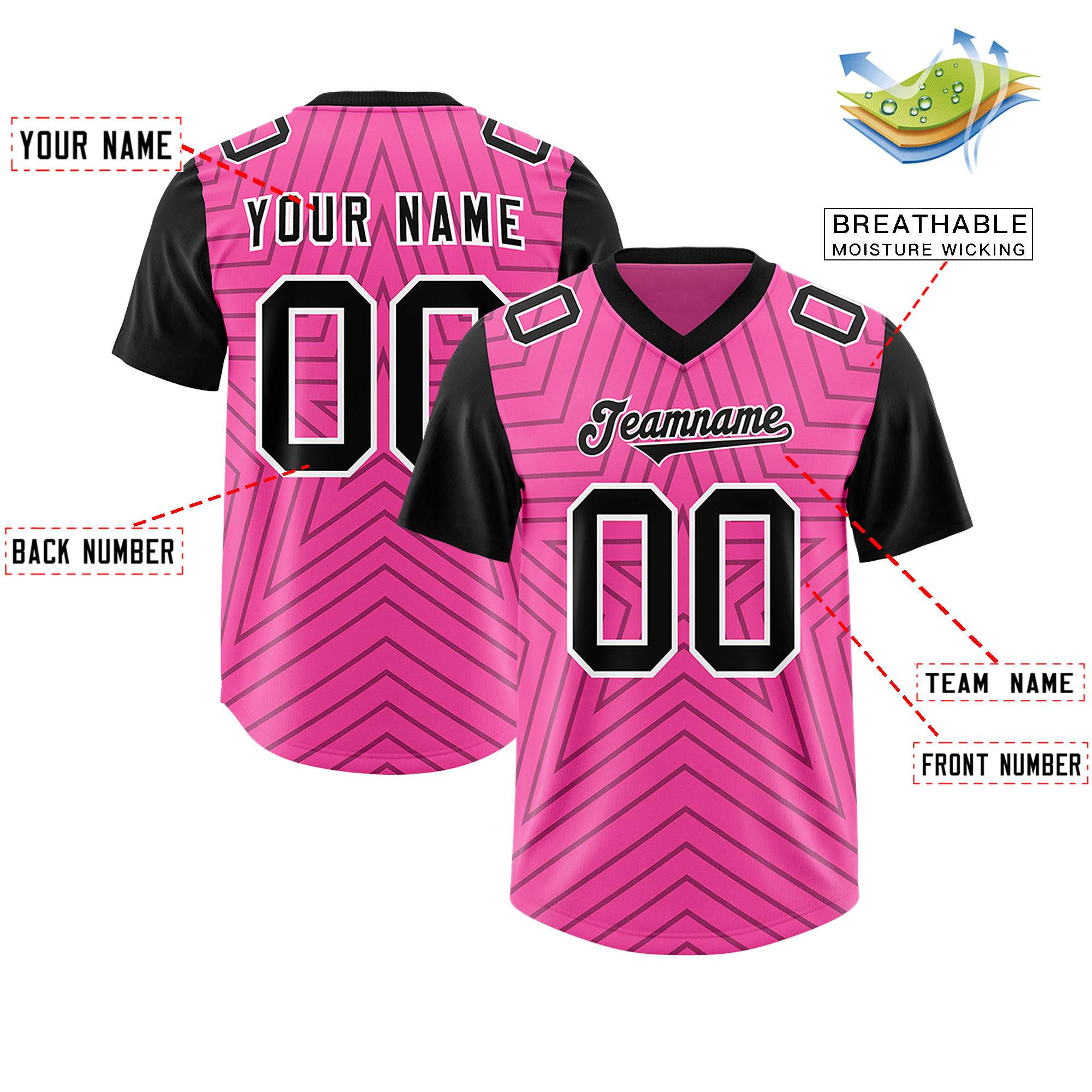 Custom Pink Black Personalized Star Pattern Raglan Sleeves Authentic American Football Jersey