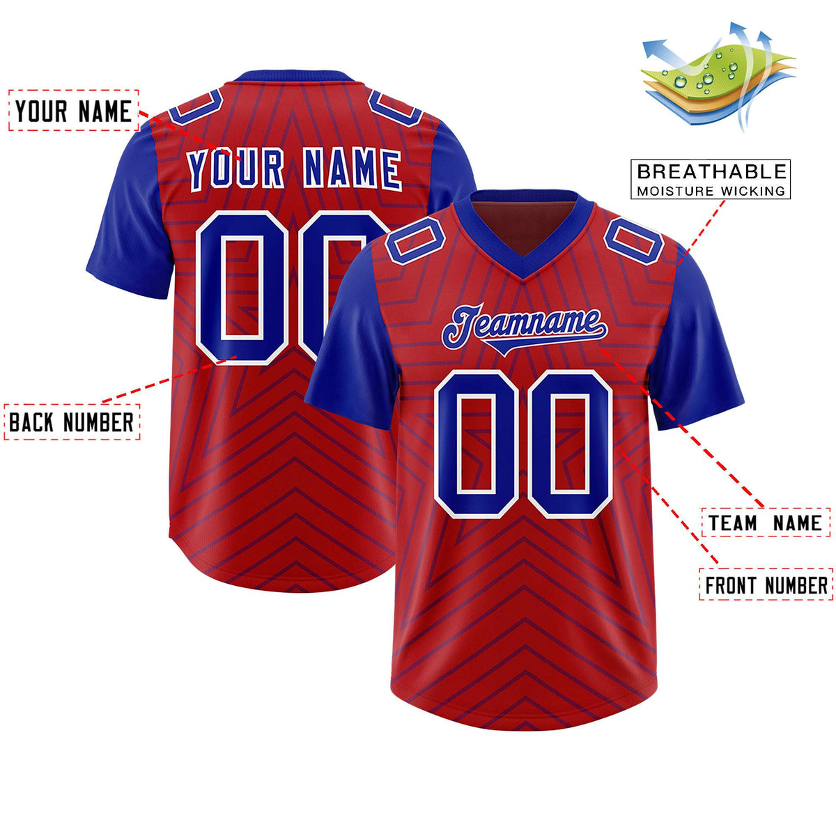 Custom Red Royal Personalized Star Pattern Raglan Sleeves Authentic American Football Jersey