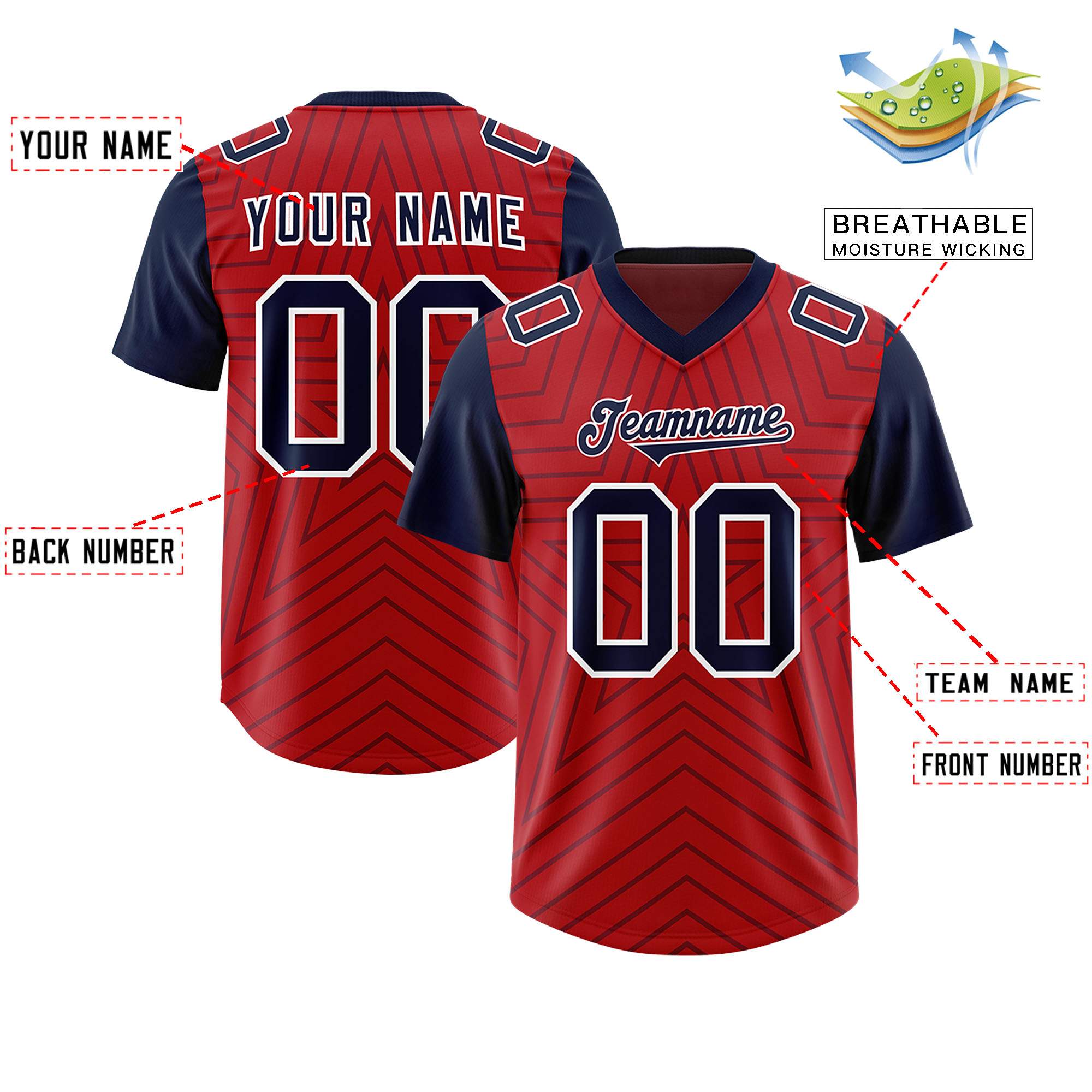 Custom Red Navy Personalized Star Pattern Raglan Sleeves Authentic American Football Jersey