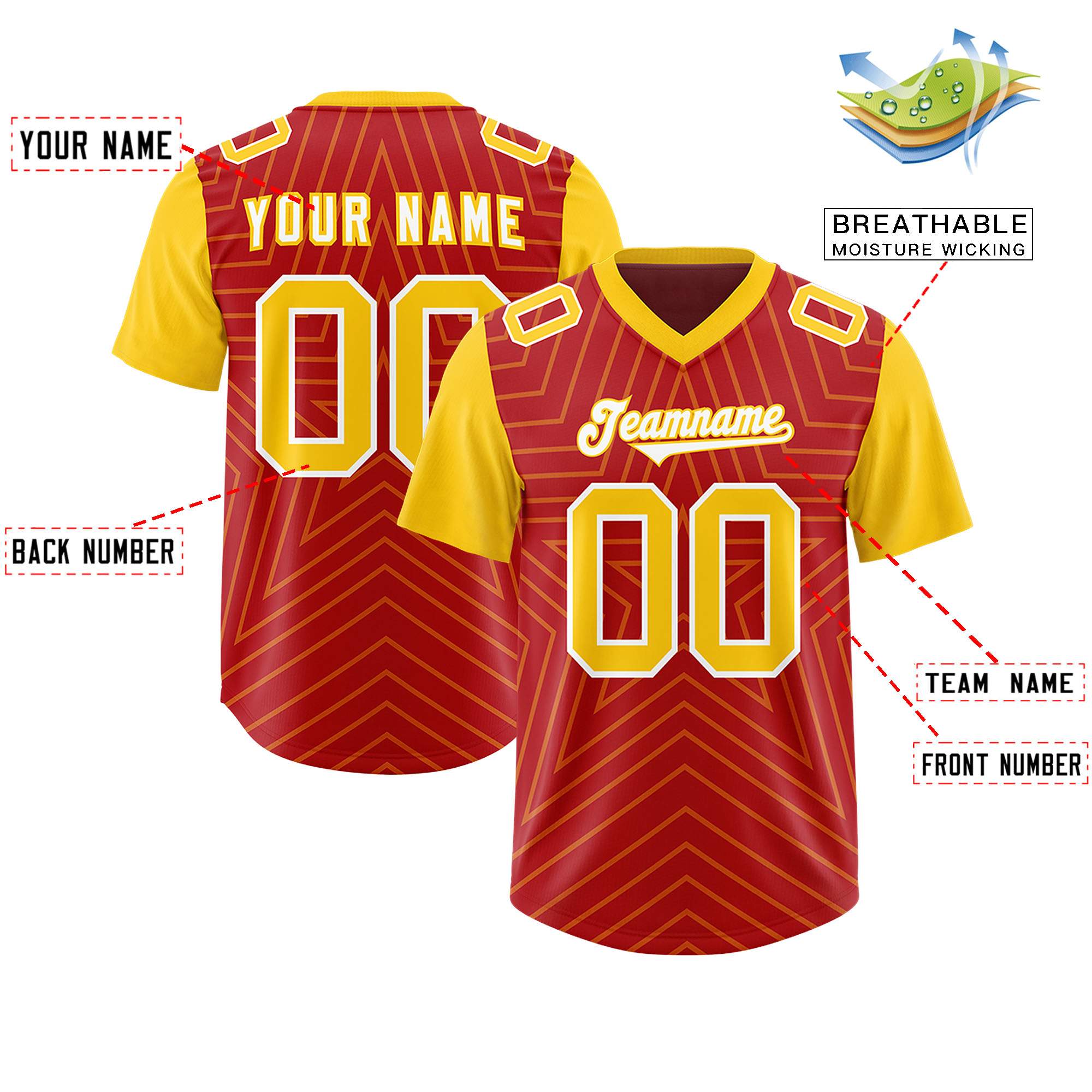 Custom Red Gold Personalized Star Pattern Raglan Sleeves Authentic American Football Jersey