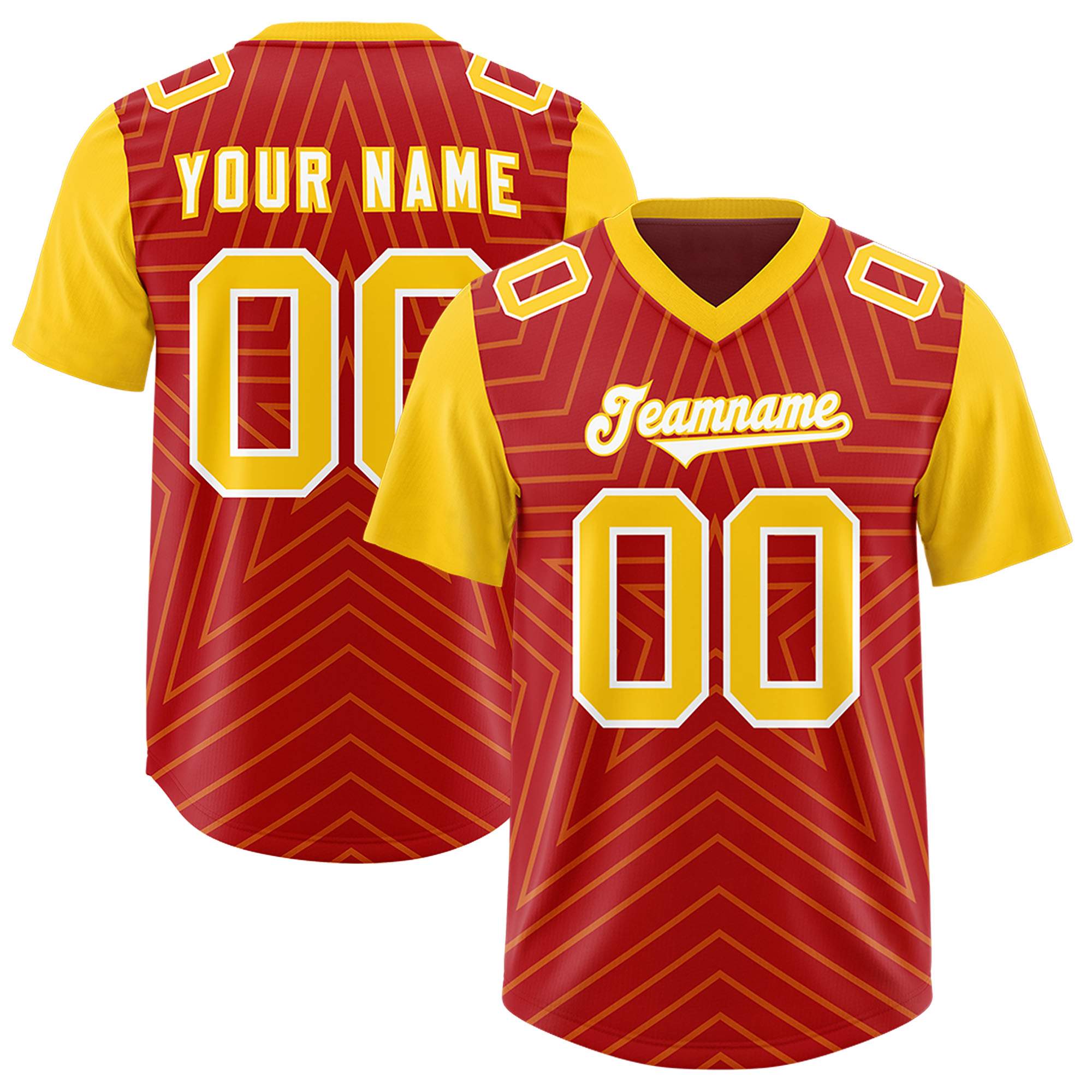 Custom Red Gold Personalized Star Pattern Raglan Sleeves Authentic American Football Jersey