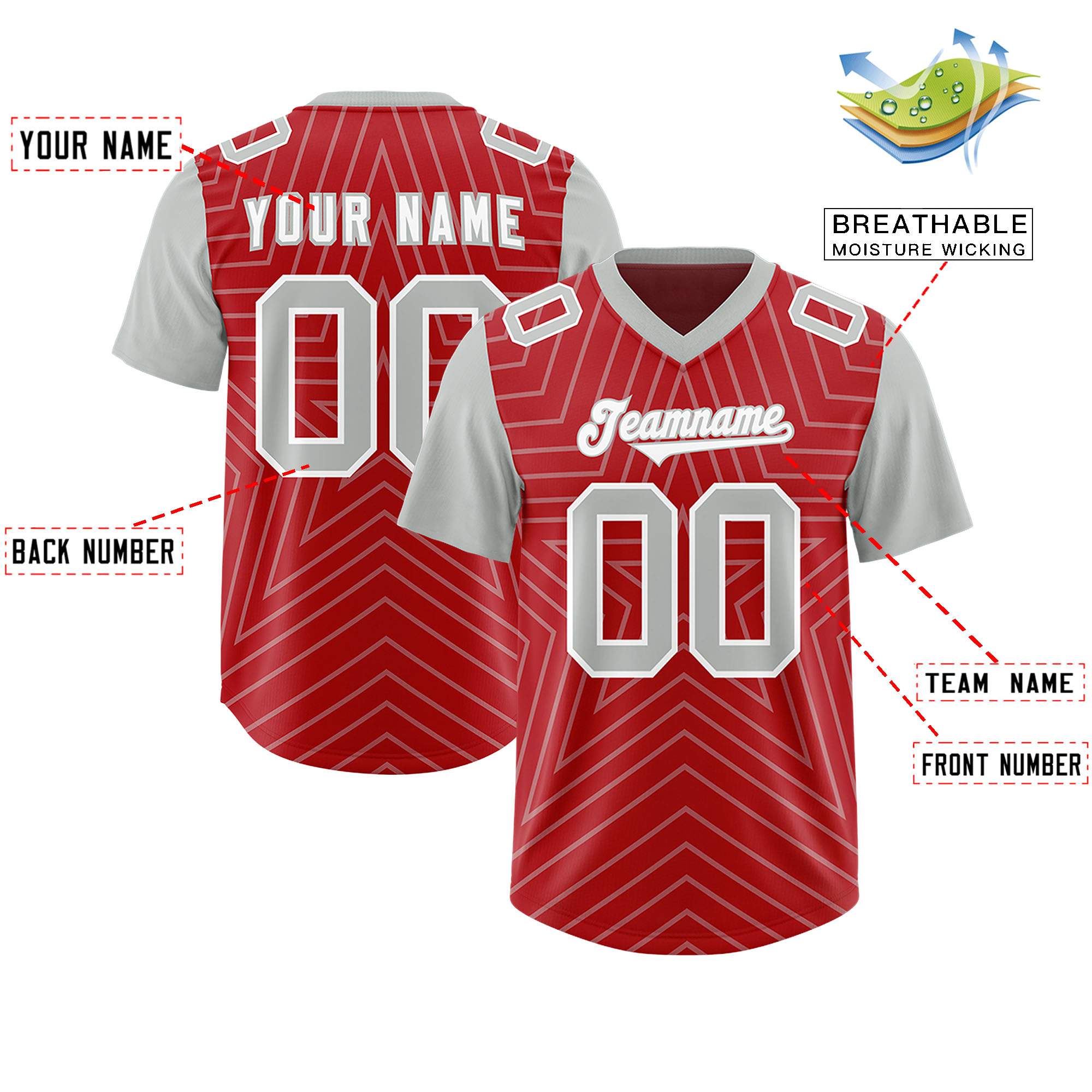 Custom Red Gray Personalized Star Pattern Raglan Sleeves Authentic American Football Jersey