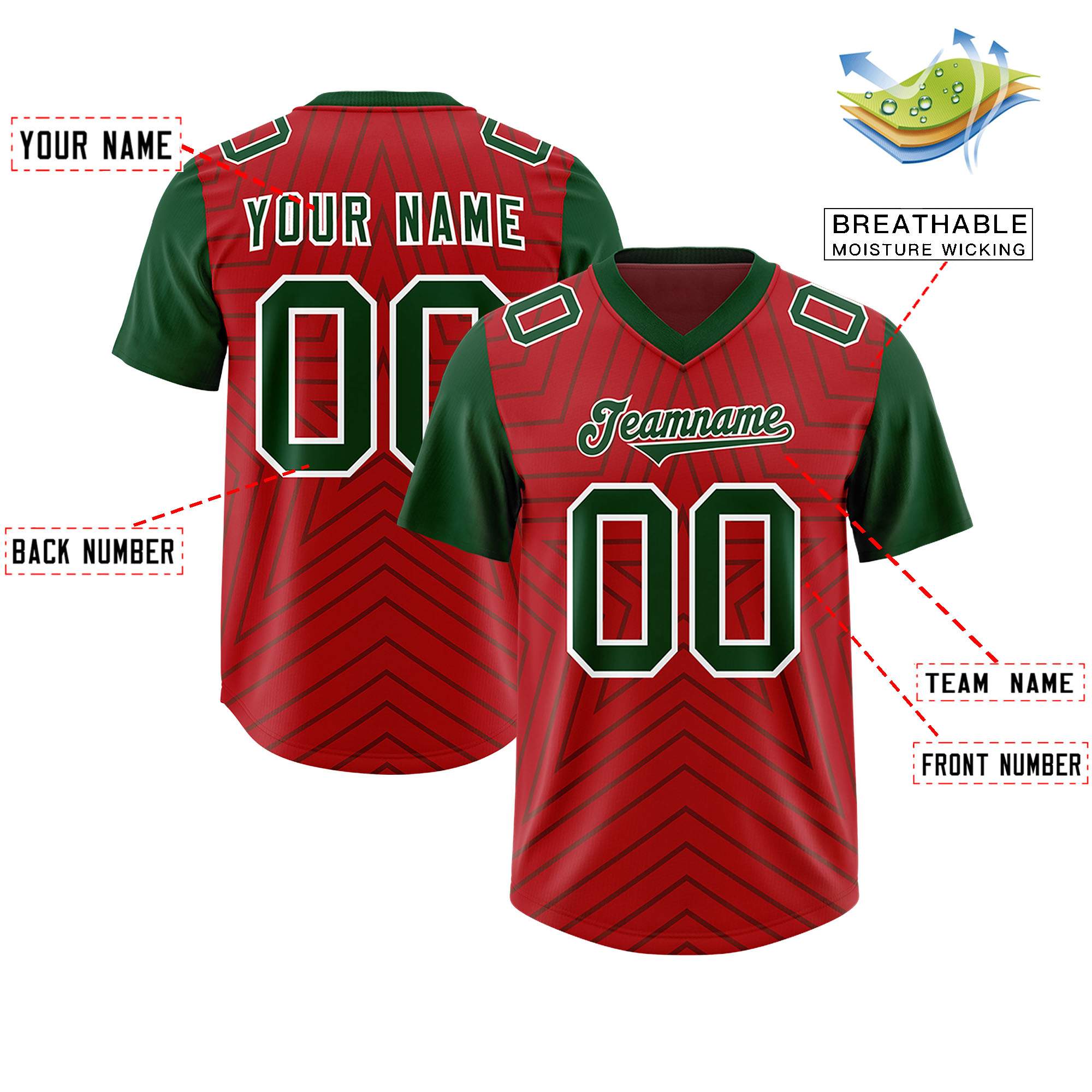 Custom Red Green Personalized Star Pattern Raglan Sleeves Authentic American Football Jersey