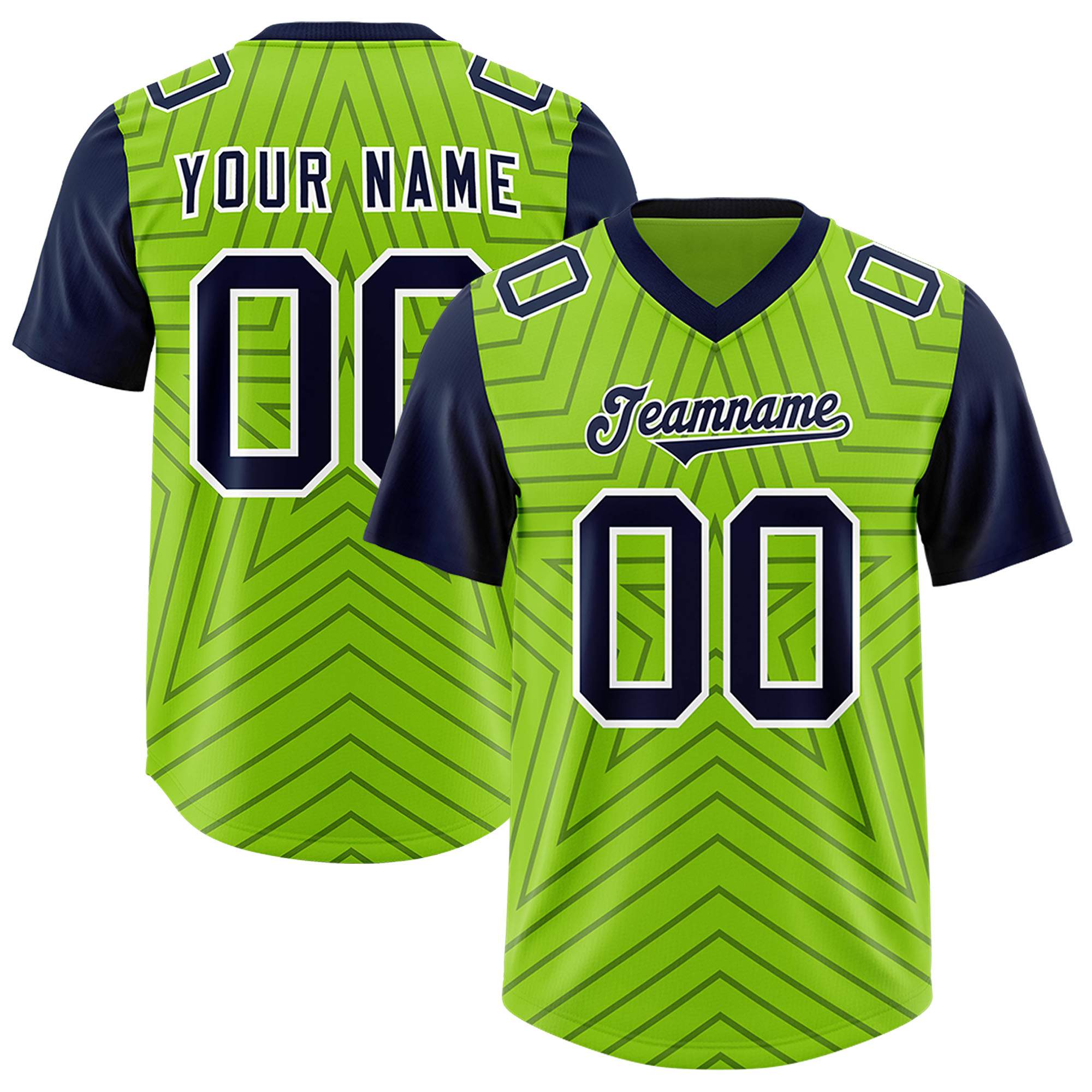 Custom Neon Green Navy Personalized Star Pattern Raglan Sleeves Authentic American Football Jersey