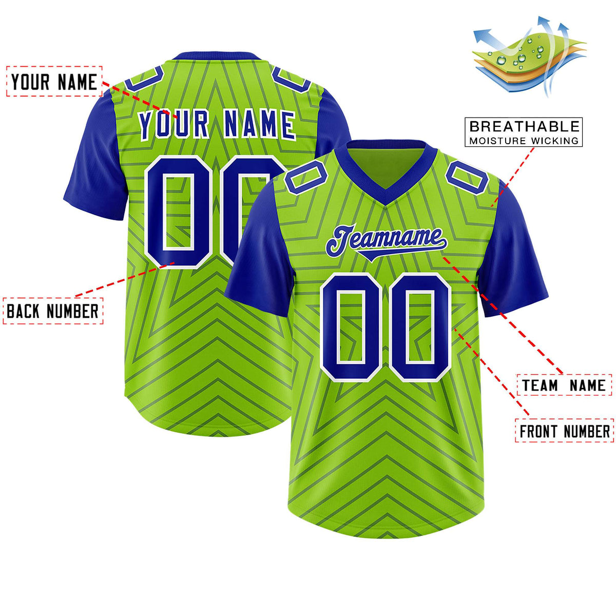 Custom Neon Green Royal Personalized Star Pattern Raglan Sleeves Authentic American Football Jersey