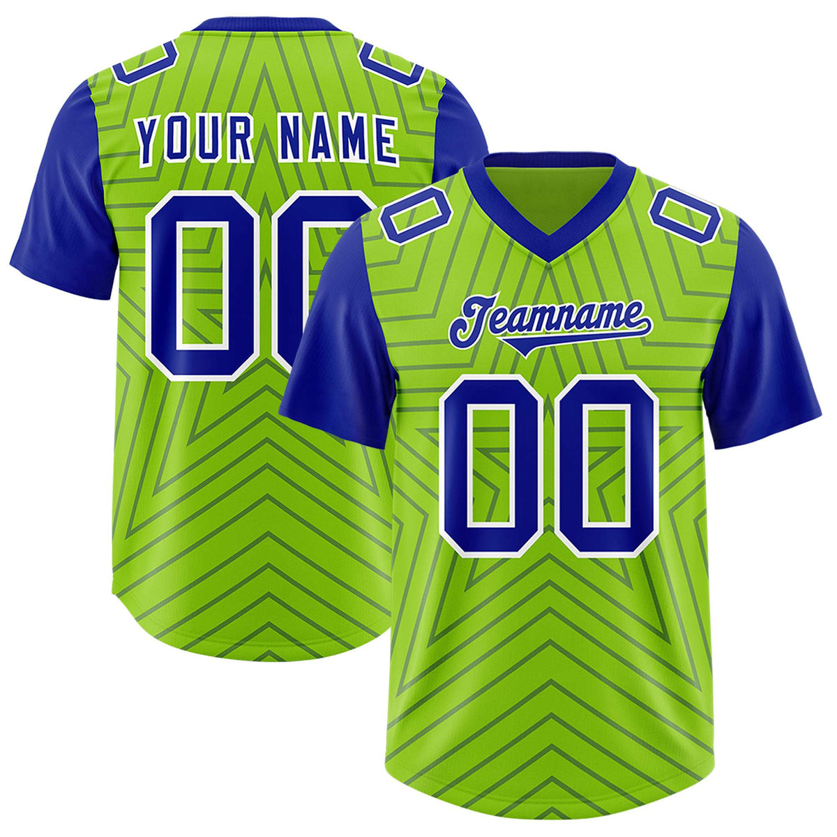 Custom Neon Green Royal Personalized Star Pattern Raglan Sleeves Authentic American Football Jersey