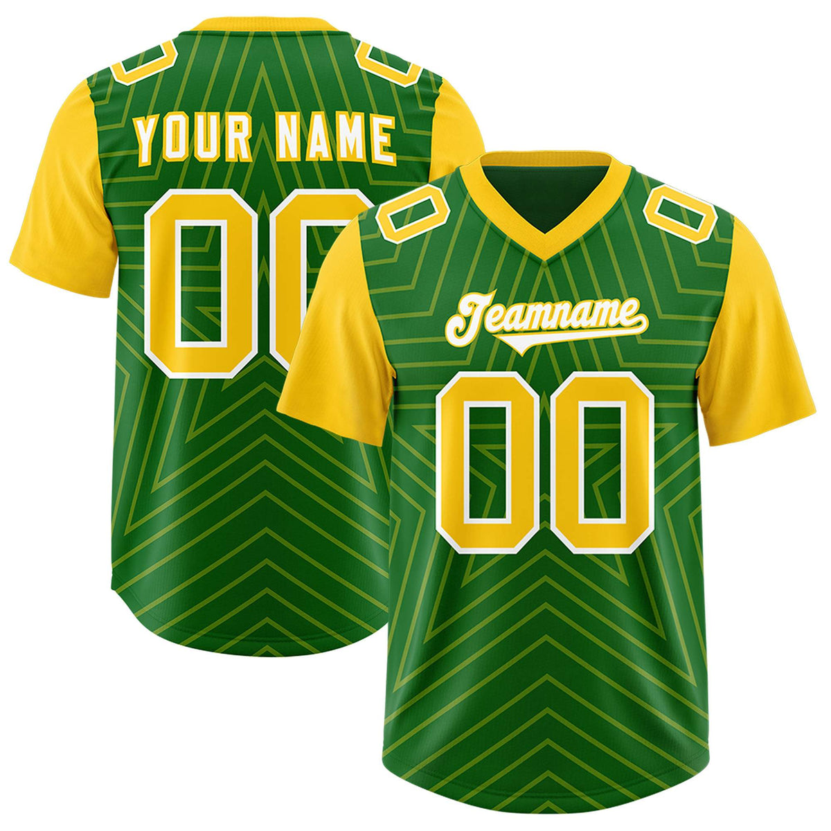 Custom Kelly Green Gold Personalized Star Pattern Raglan Sleeves Authentic American Football Jersey
