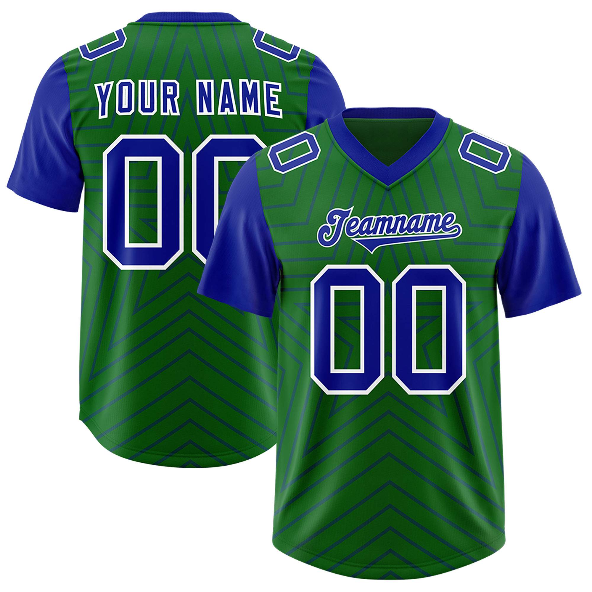 Custom Kelly Green Royal Personalized Star Pattern Raglan Sleeves Authentic American Football Jersey