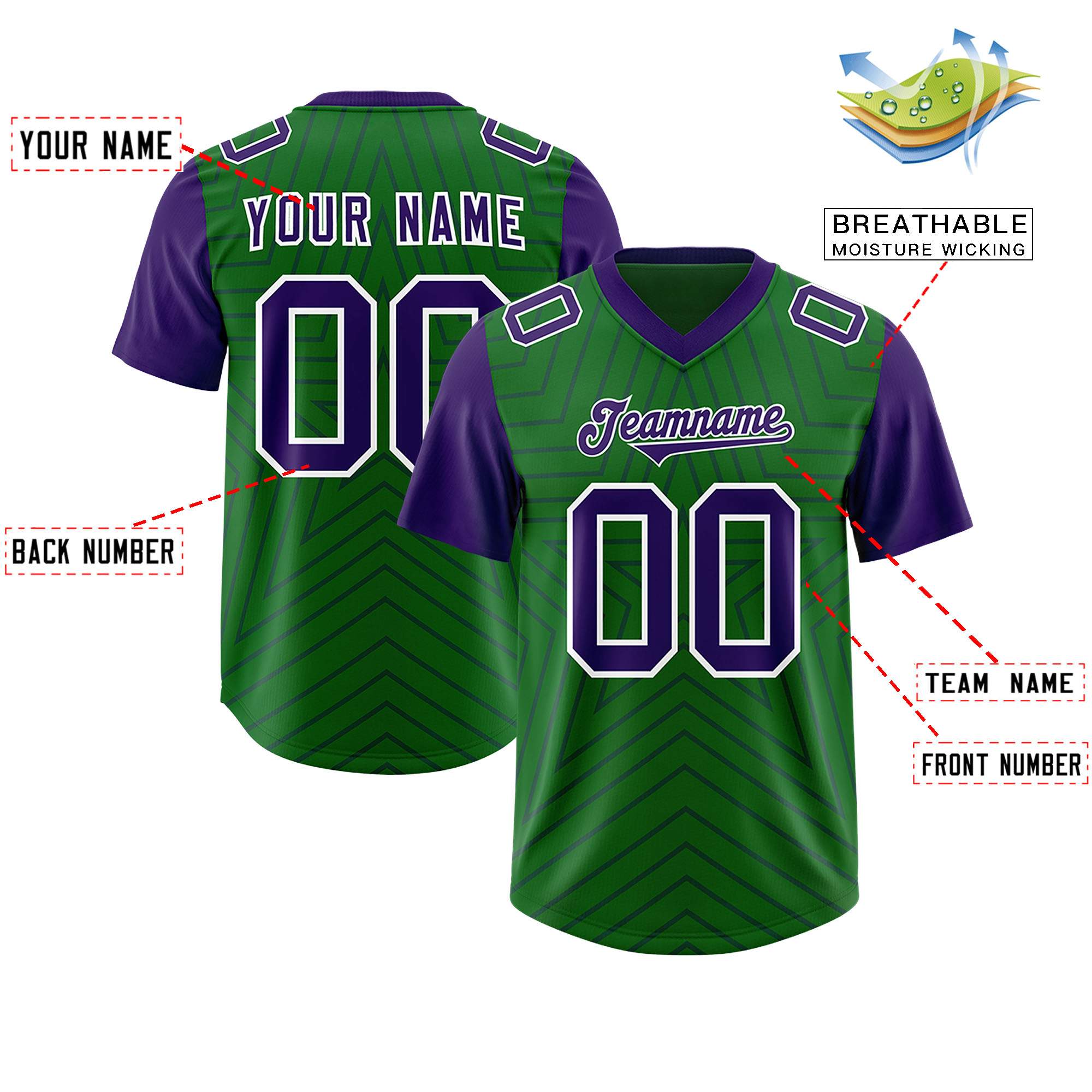Custom Kelly Green Purple Personalized Star Pattern Raglan Sleeves Authentic American Football Jersey
