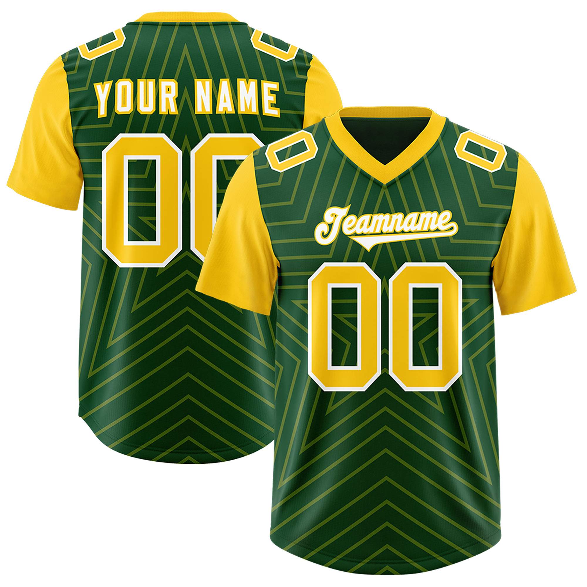 Custom Green Gold Personalized Star Pattern Raglan Sleeves Authentic American Football Jersey