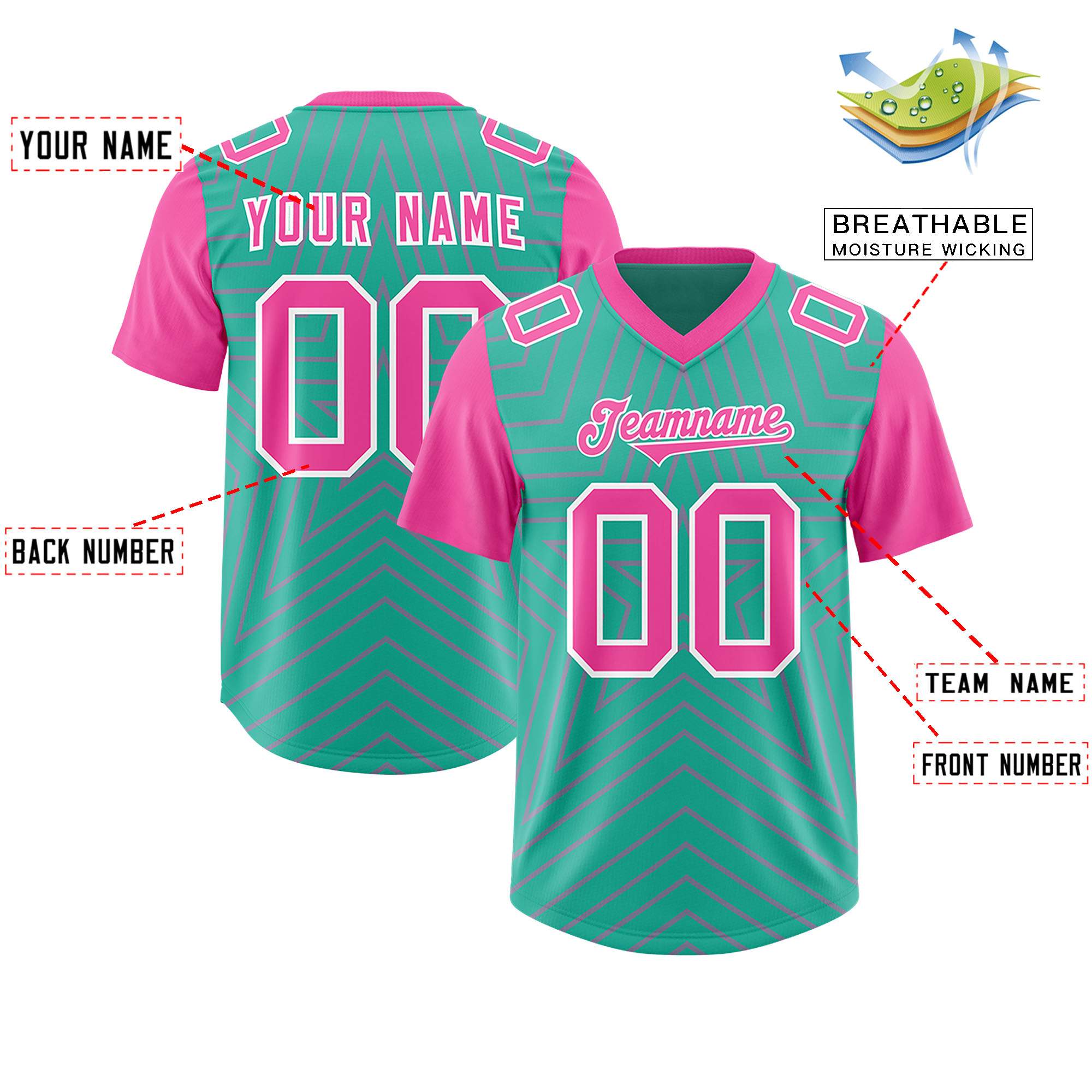 Custom Bright Green Pink Personalized Star Pattern Raglan Sleeves Authentic American Football Jersey