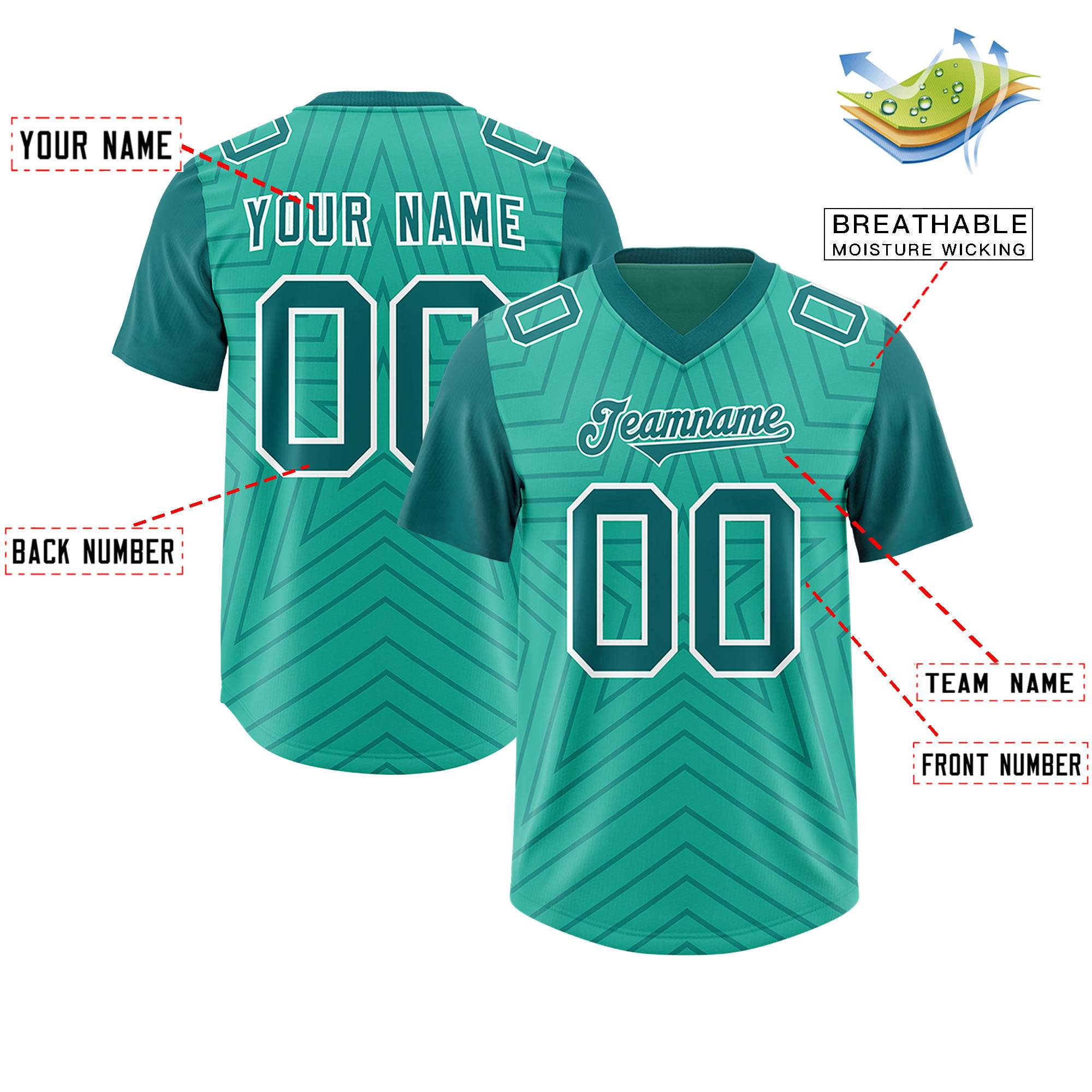 Custom Bright Green Aqua Personalized Star Pattern Raglan Sleeves Authentic American Football Jersey
