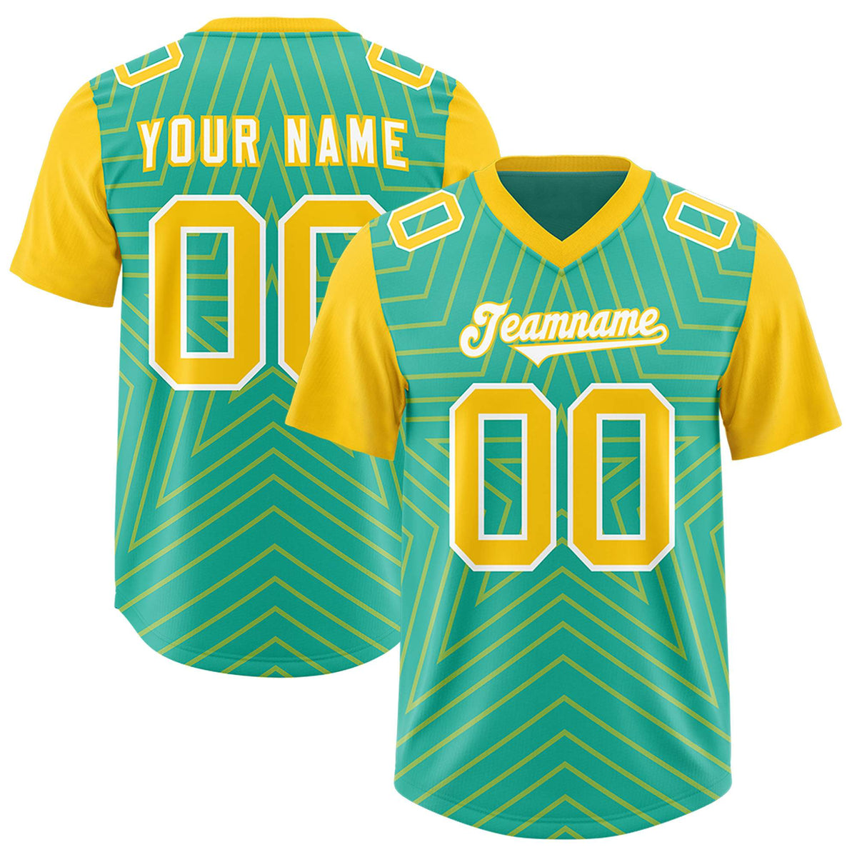 Custom Bright Green Gold Personalized Star Pattern Raglan Sleeves Authentic American Football Jersey