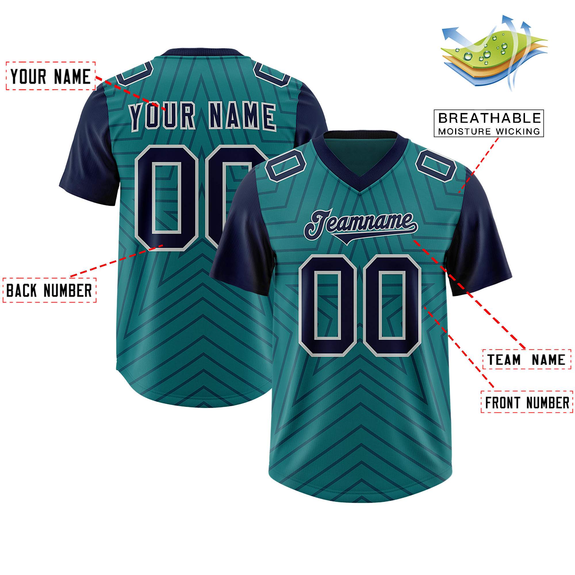 Custom Aqua Navy Personalized Star Pattern Raglan Sleeves Authentic American Football Jersey