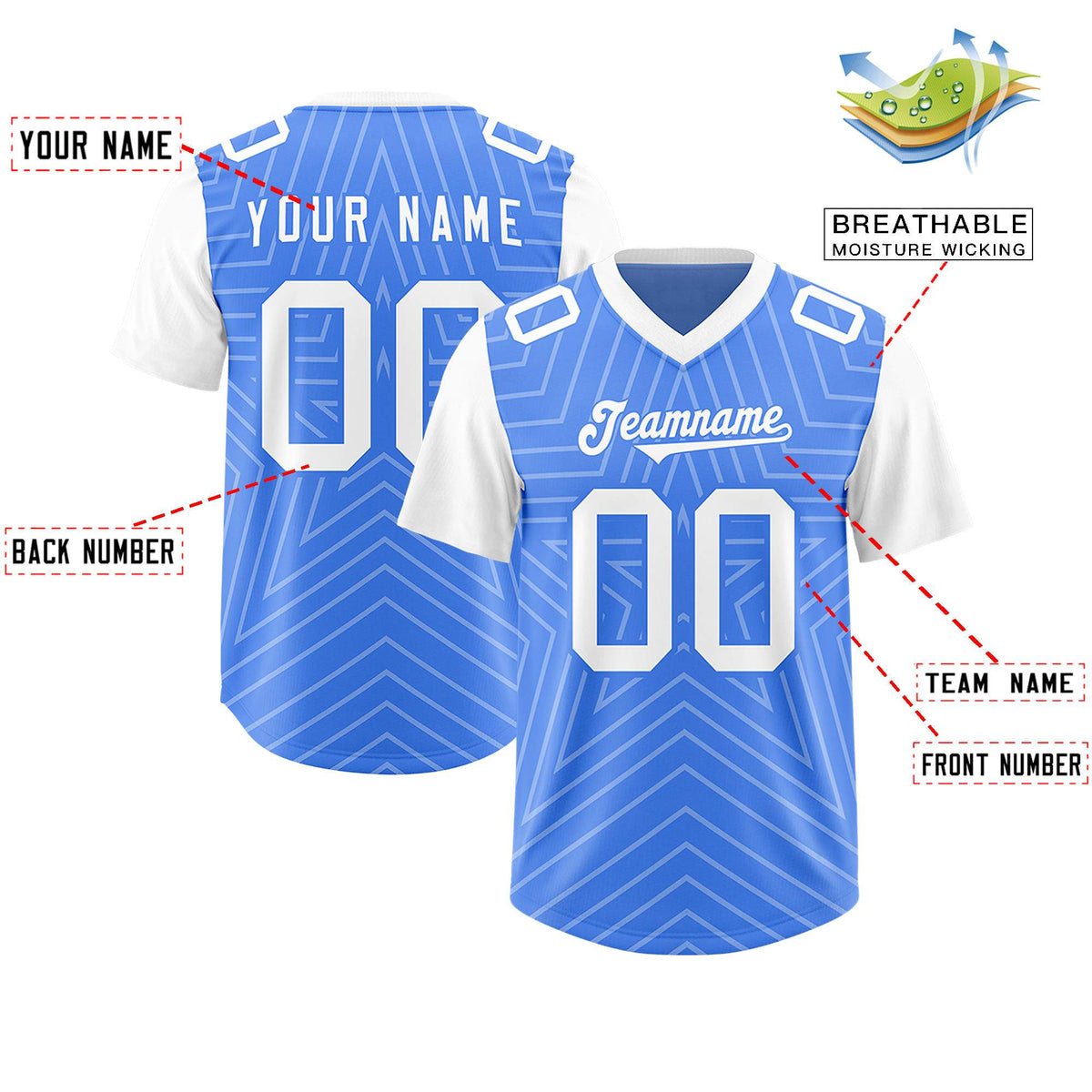 Custom Powder Blue White Personalized Star Pattern Raglan Sleeves Authentic American Football Jersey