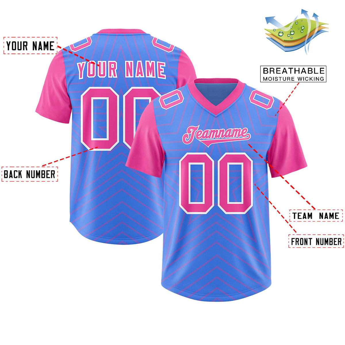 Custom Powder Blue Pink Personalized Star Pattern Raglan Sleeves Authentic American Football Jersey