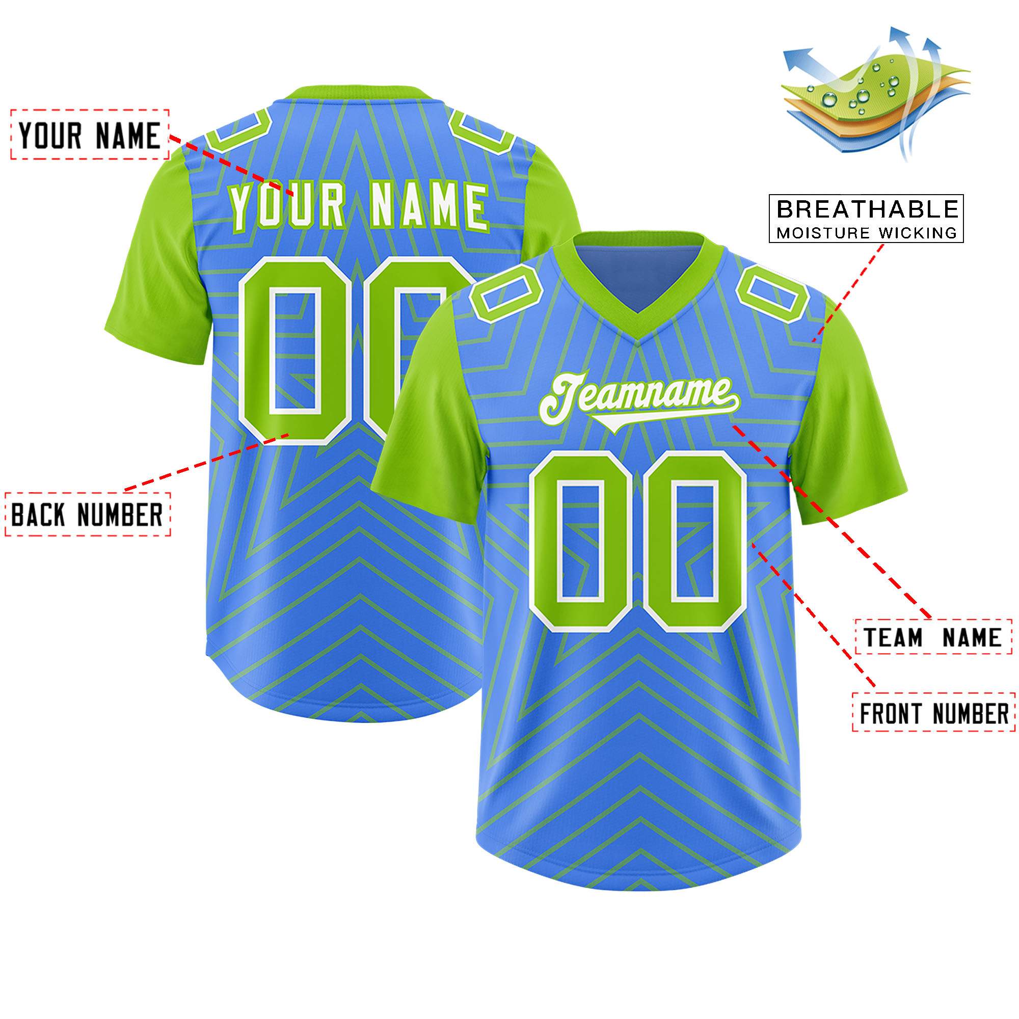 Custom Powder Blue Neon Green Personalized Star Pattern Raglan Sleeves Authentic American Football Jersey