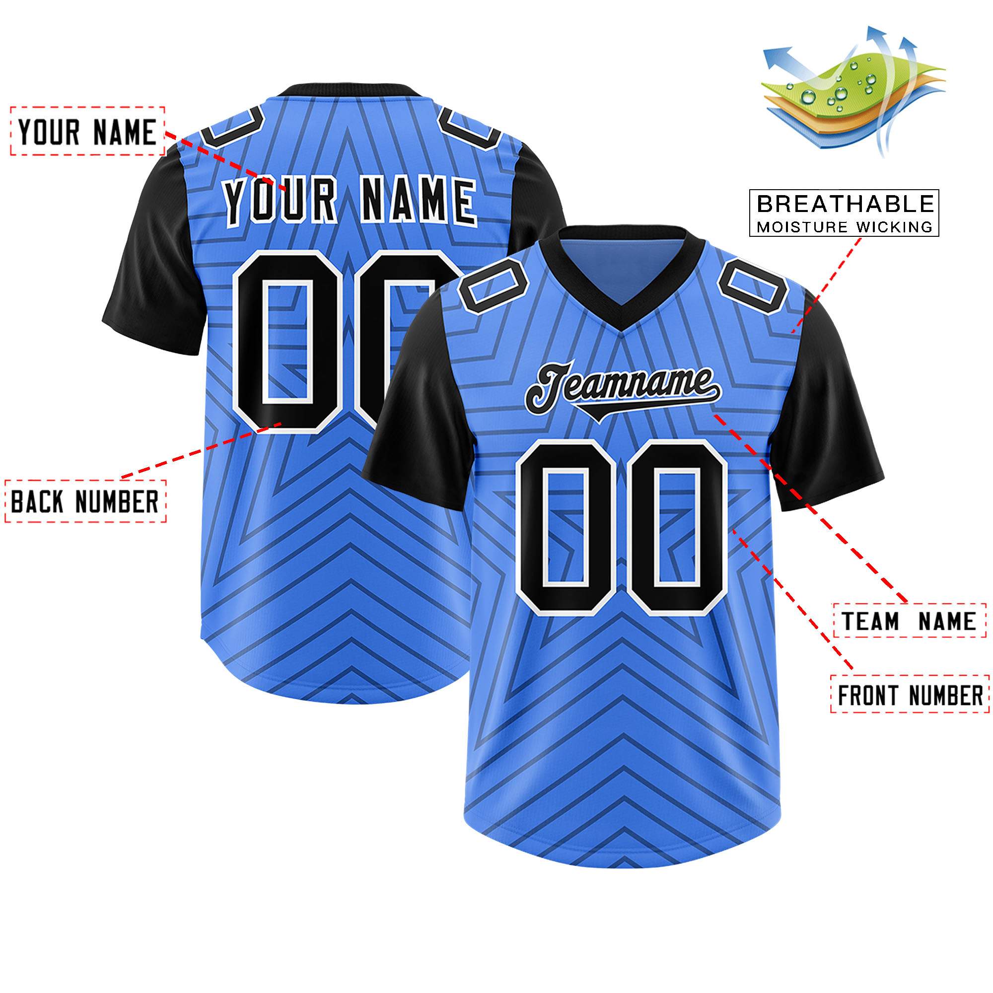 Custom Powder Blue Black Personalized Star Pattern Raglan Sleeves Authentic American Football Jersey