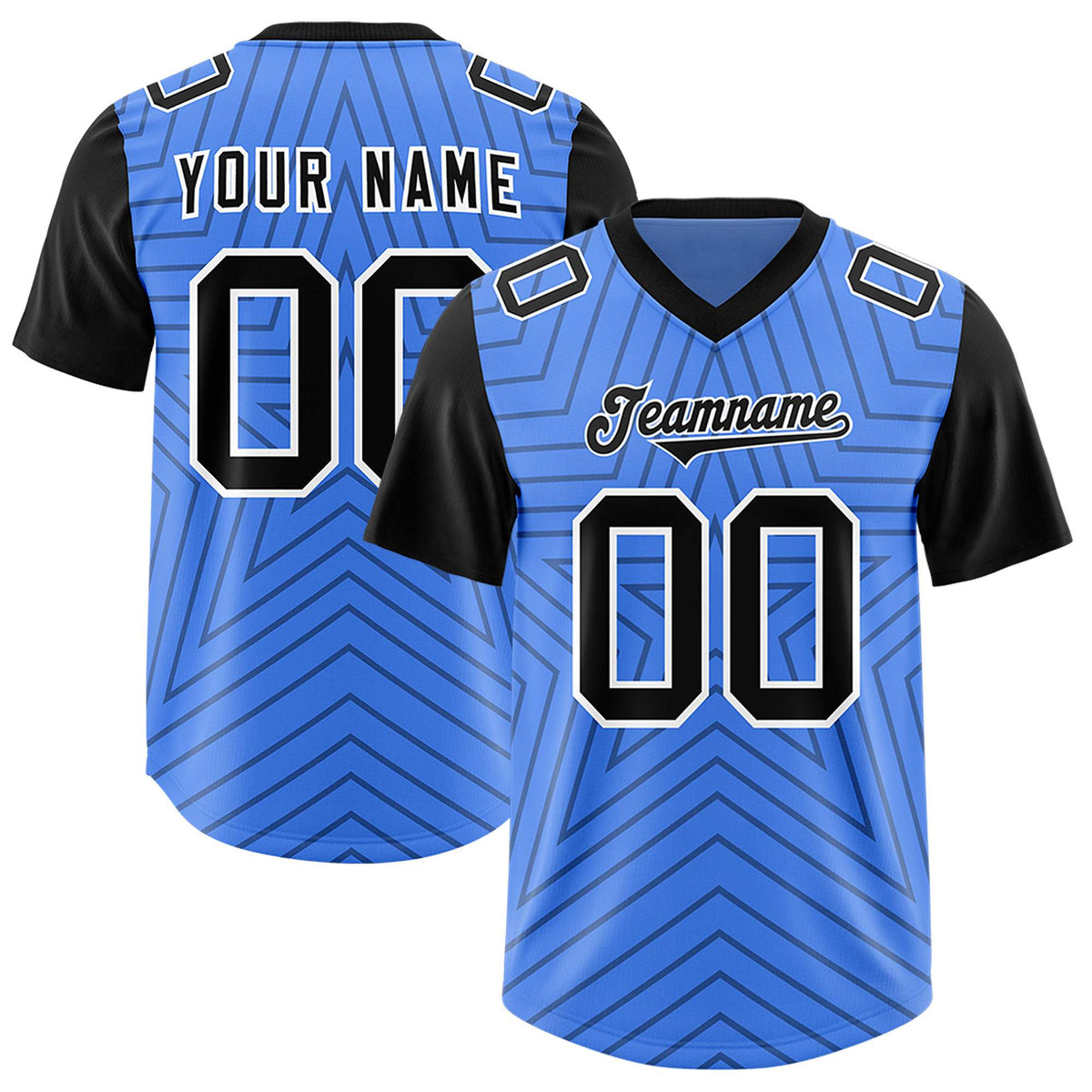Custom Powder Blue Black Personalized Star Pattern Raglan Sleeves Authentic American Football Jersey