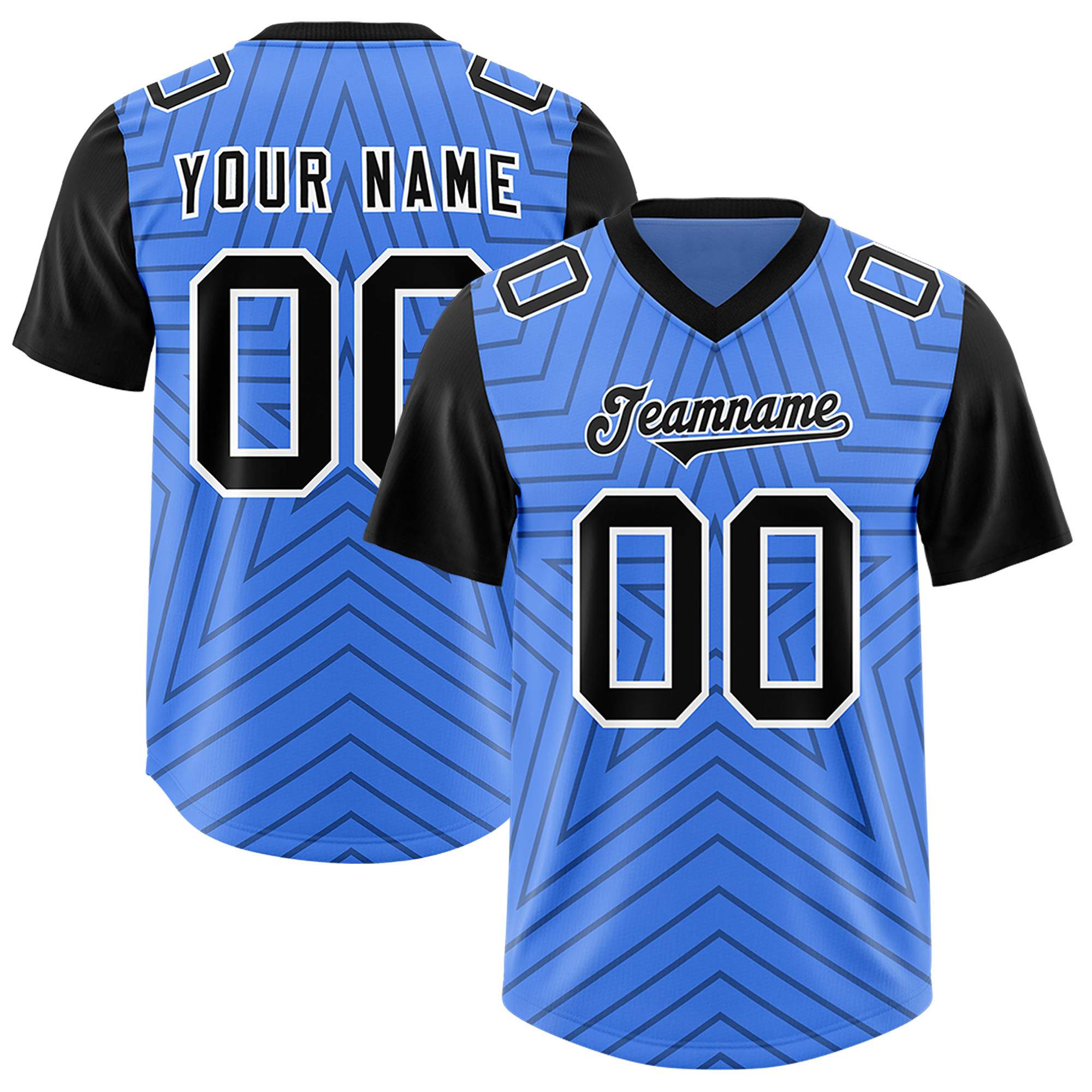 Custom Powder Blue Black Personalized Star Pattern Raglan Sleeves Authentic American Football Jersey
