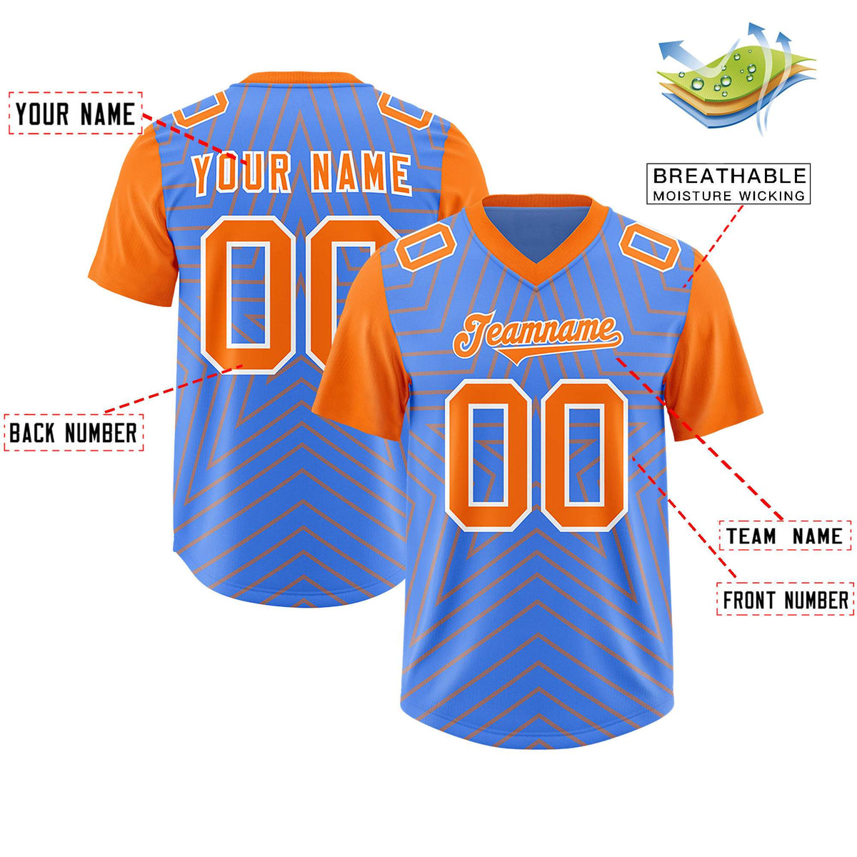 Custom Powder Blue Orange Personalized Star Pattern Raglan Sleeves Authentic American Football Jersey