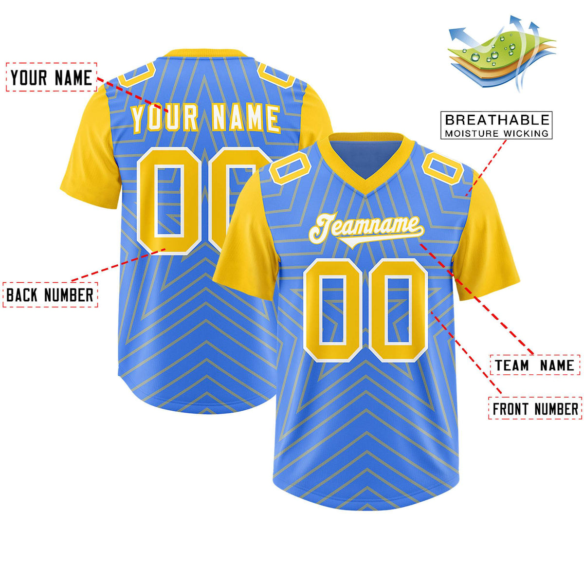 Custom Powder Blue Gold Personalized Star Pattern Raglan Sleeves Authentic American Football Jersey