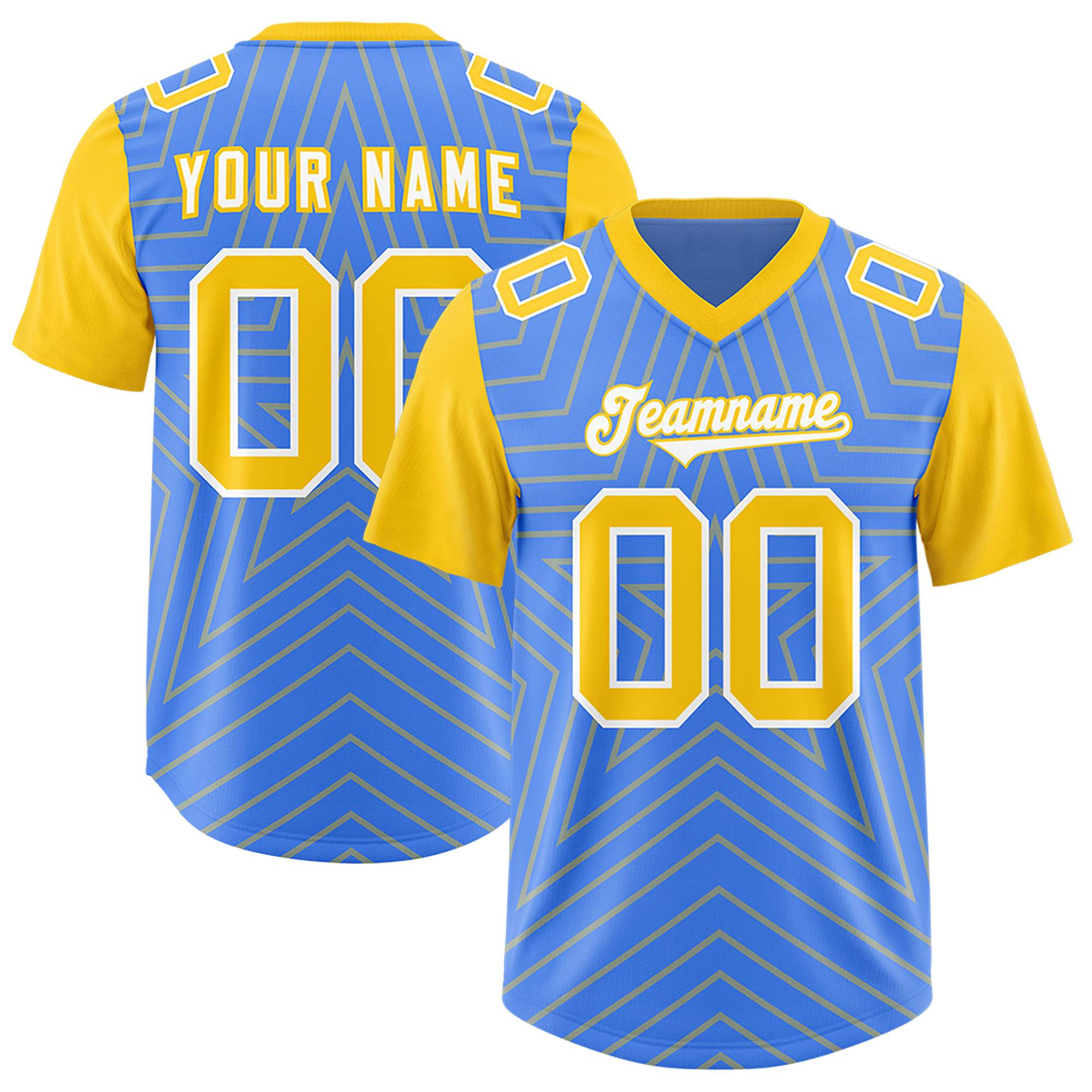 Custom Powder Blue Gold Personalized Star Pattern Raglan Sleeves Authentic American Football Jersey