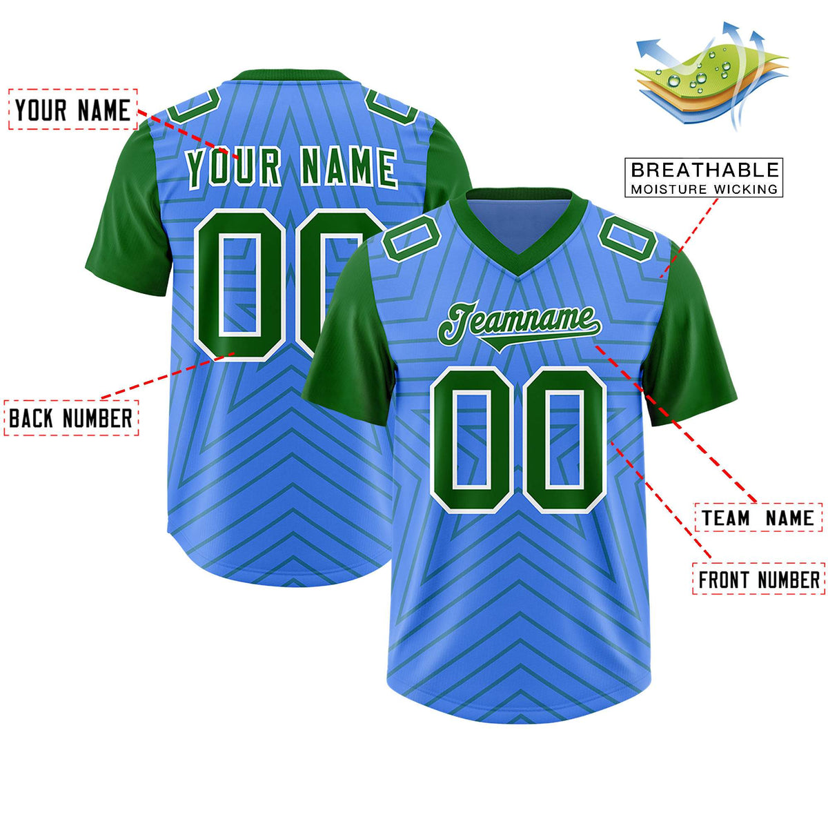Custom Powder Blue Kelly Green Personalized Star Pattern Raglan Sleeves Authentic American Football Jersey