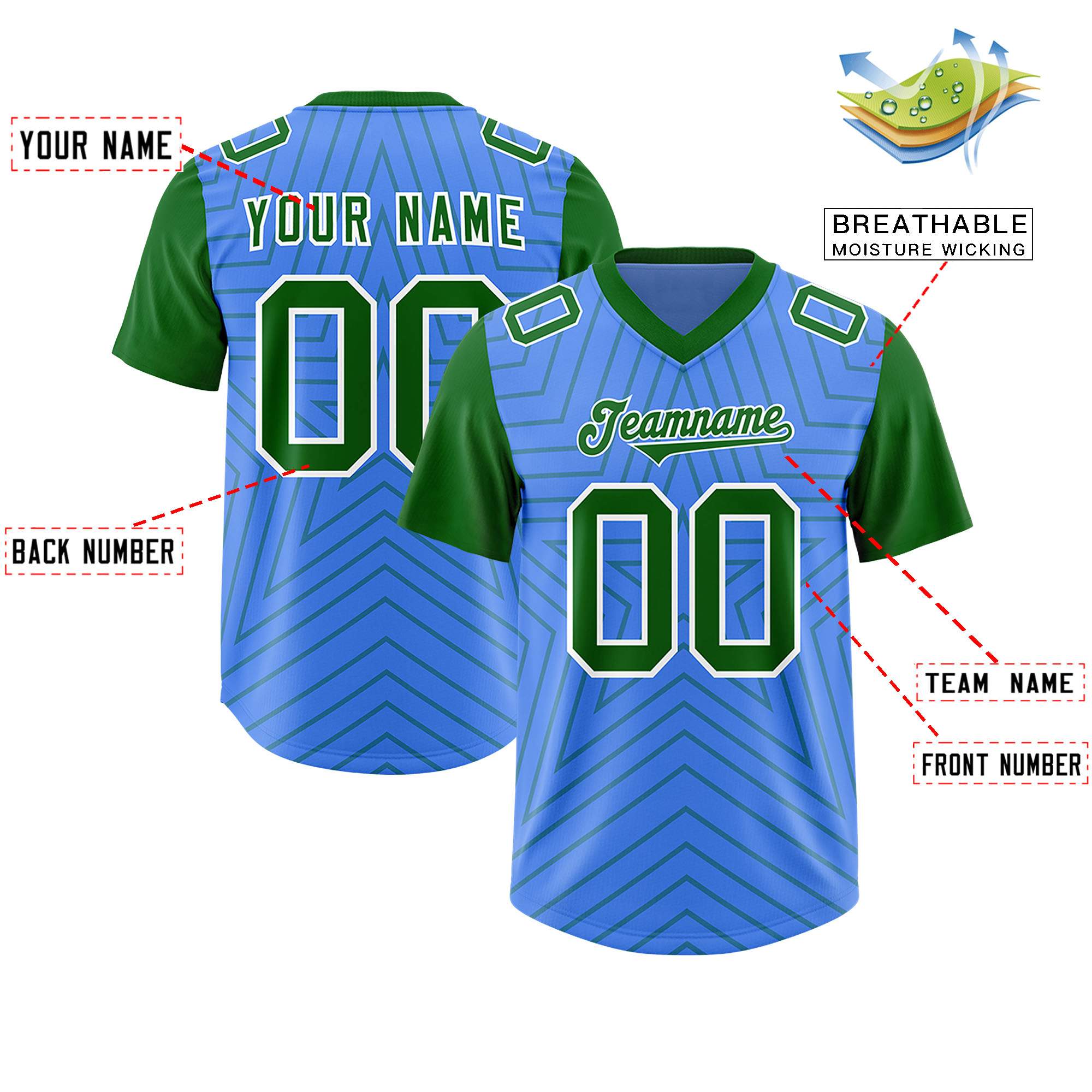 Custom Powder Blue Kelly Green Personalized Star Pattern Raglan Sleeves Authentic American Football Jersey