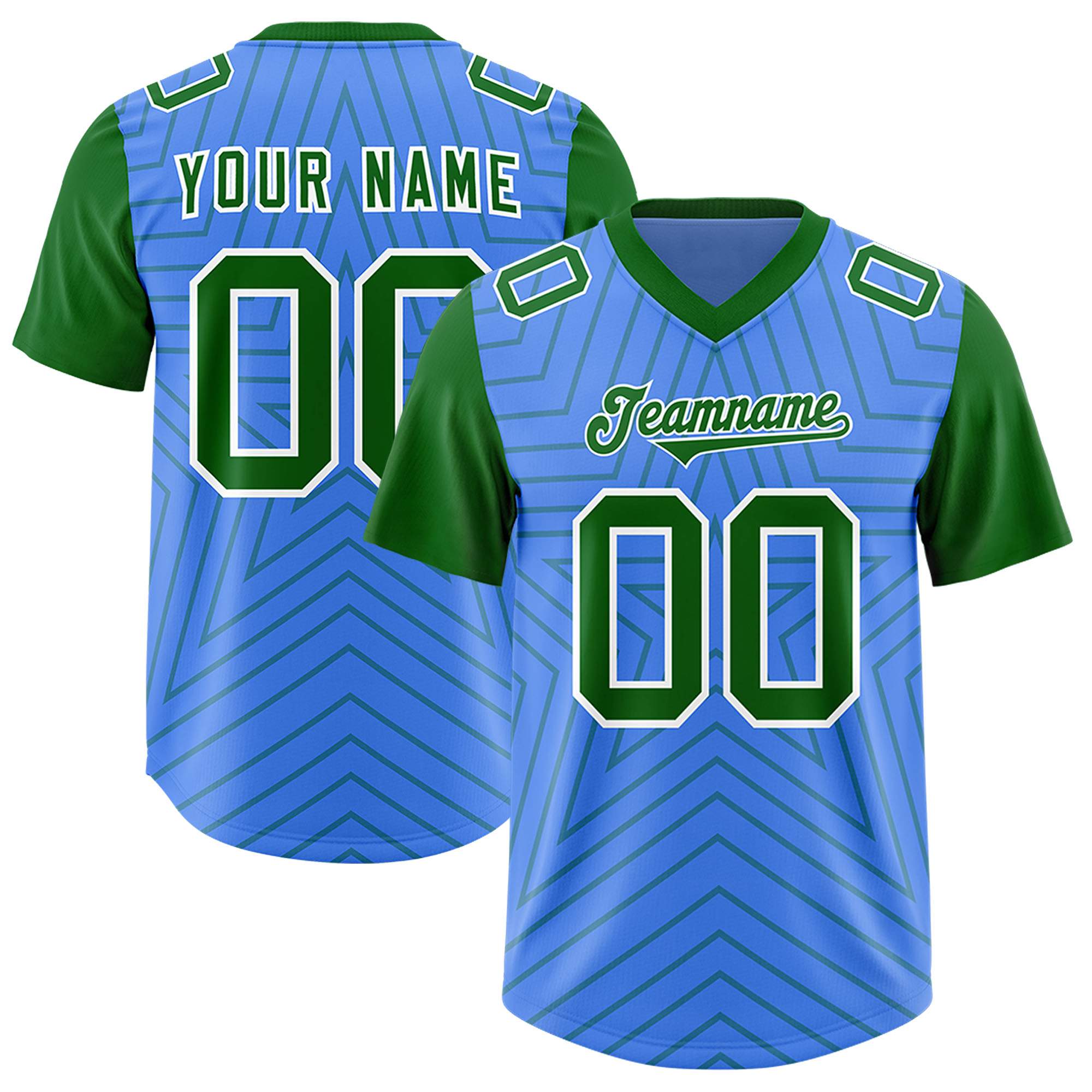 Custom Powder Blue Kelly Green Personalized Star Pattern Raglan Sleeves Authentic American Football Jersey