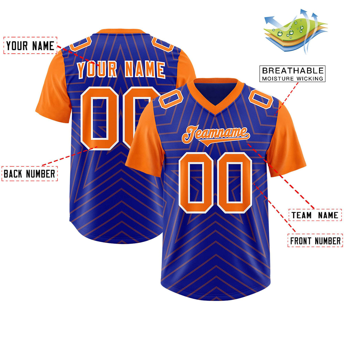 Custom Royal Orange Personalized Star Pattern Raglan Sleeves Authentic American Football Jersey