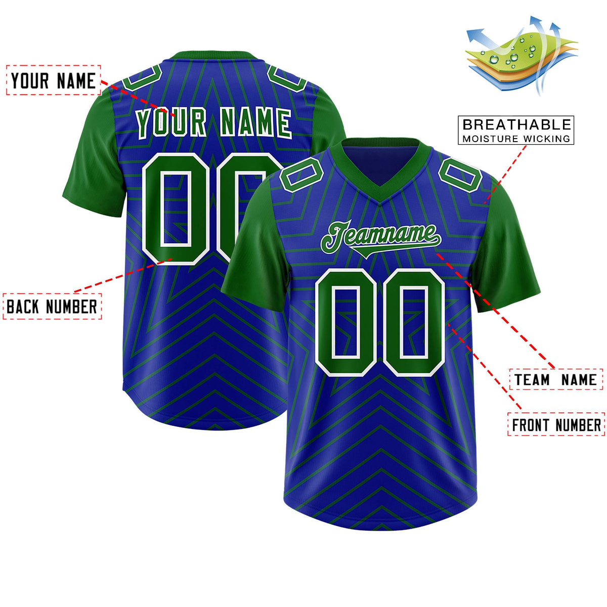 Custom Royal Kelly Green Personalized Star Pattern Raglan Sleeves Authentic American Football Jersey