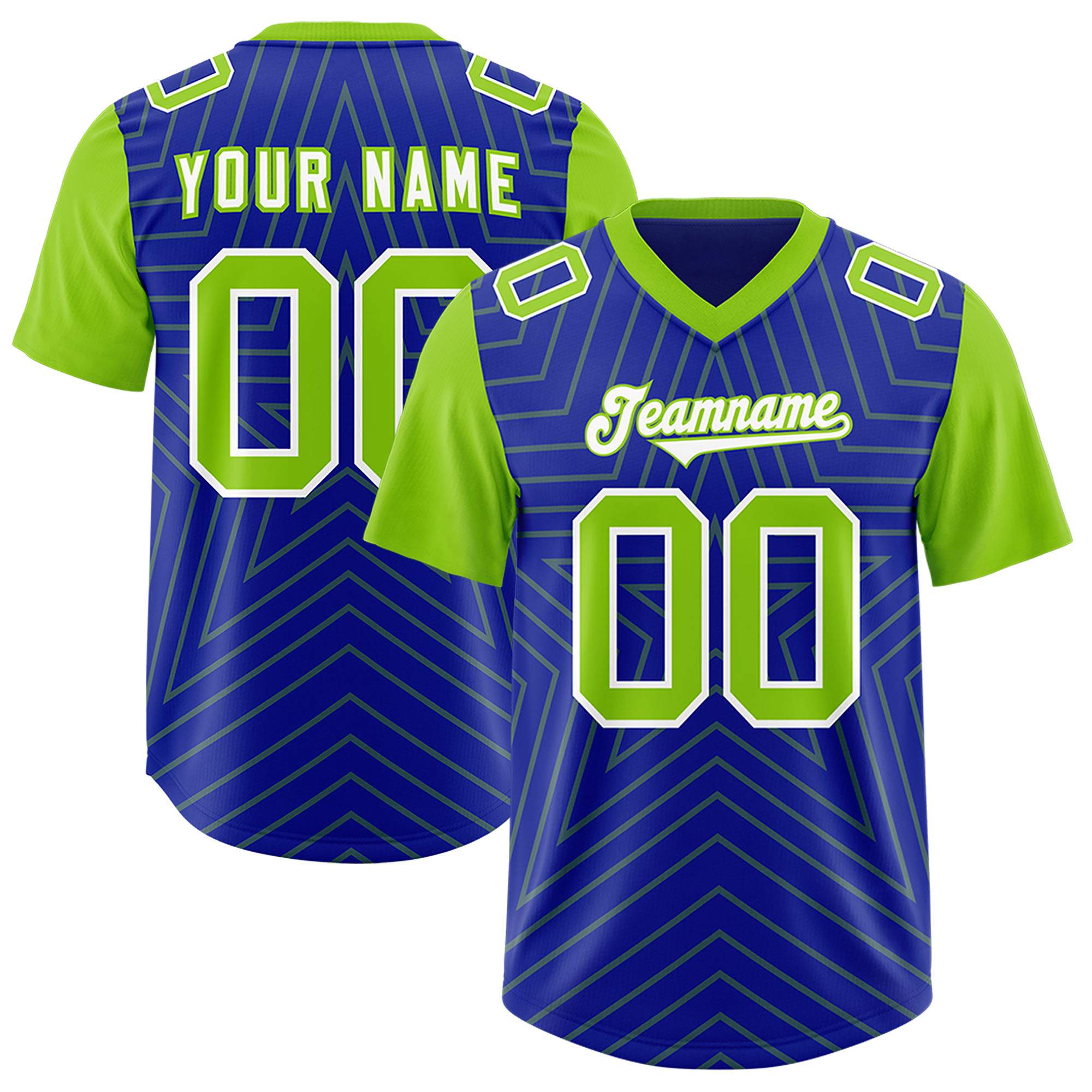 Custom Royal Neon Green Personalized Star Pattern Raglan Sleeves Authentic American Football Jersey