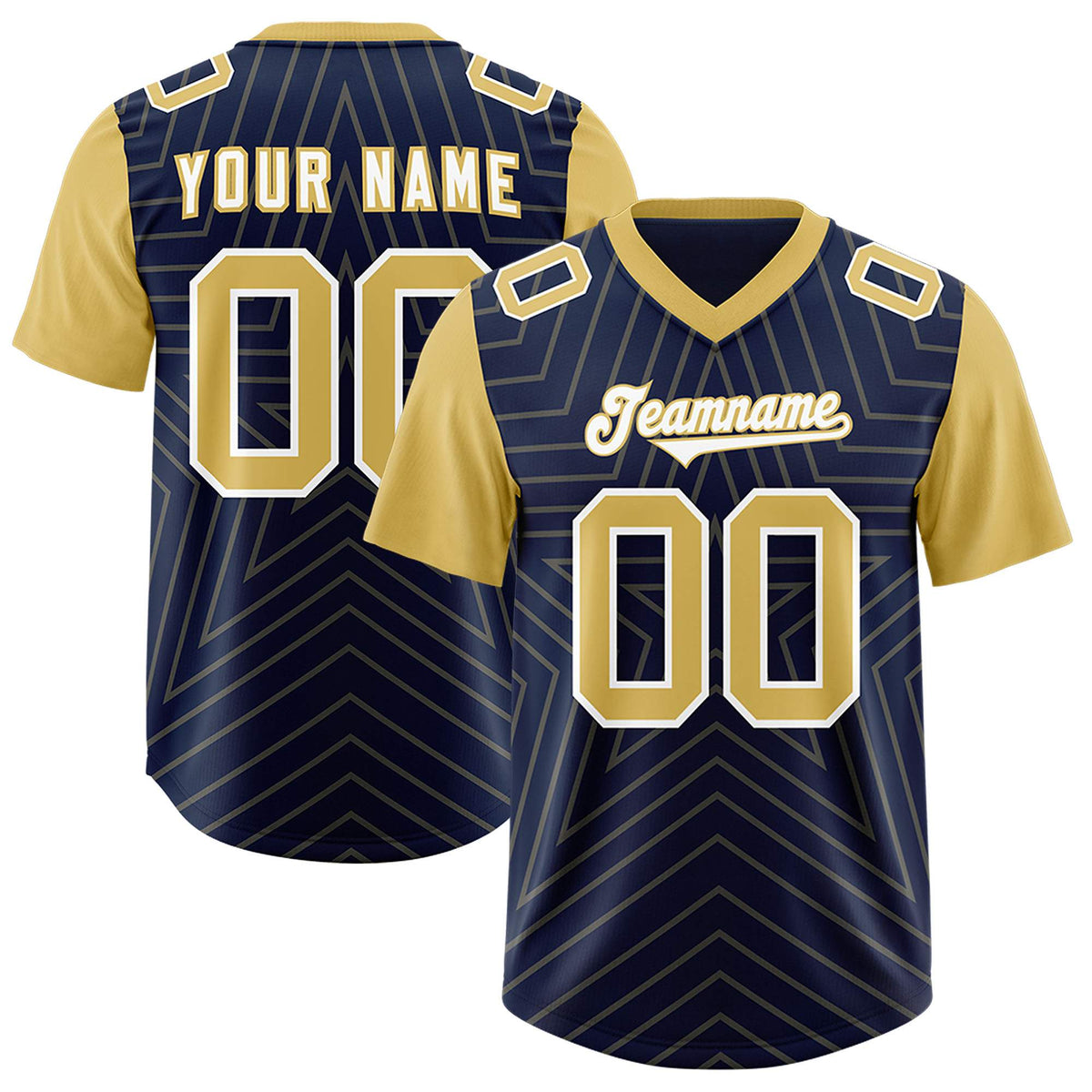 Custom Navy Old Gold Personalized Star Pattern Raglan Sleeves Authentic American Football Jersey