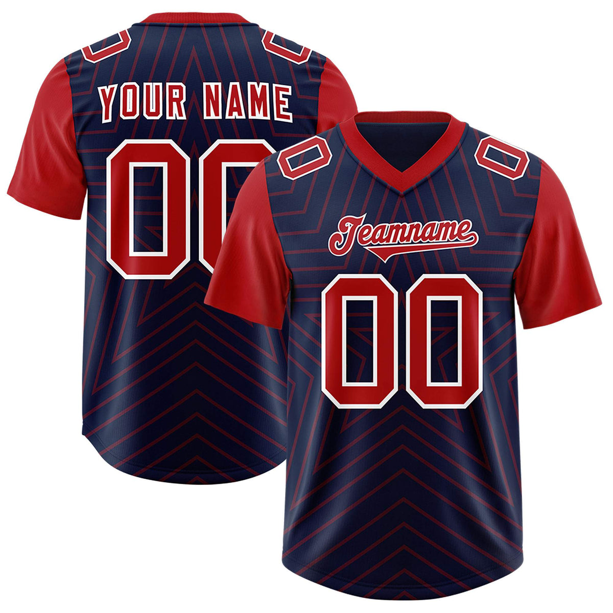 Custom Navy Red Personalized Star Pattern Raglan Sleeves Authentic American Football Jersey