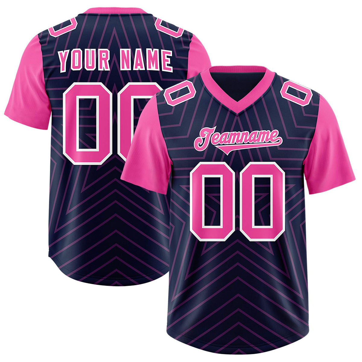 Custom Navy Pink Personalized Star Pattern Raglan Sleeves Authentic American Football Jersey