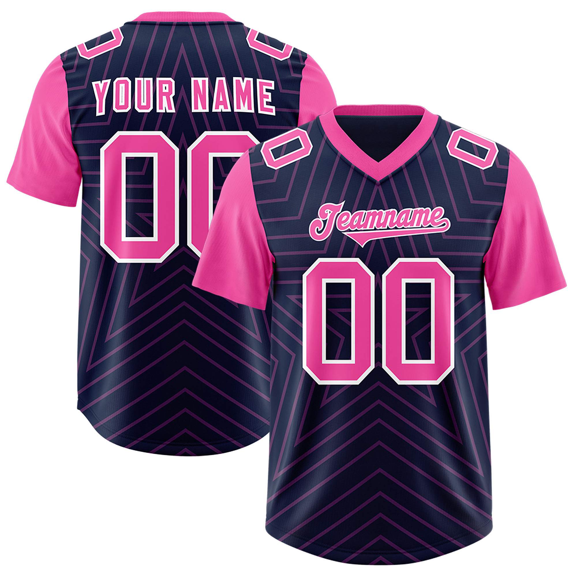 Custom Navy Pink Personalized Star Pattern Raglan Sleeves Authentic American Football Jersey