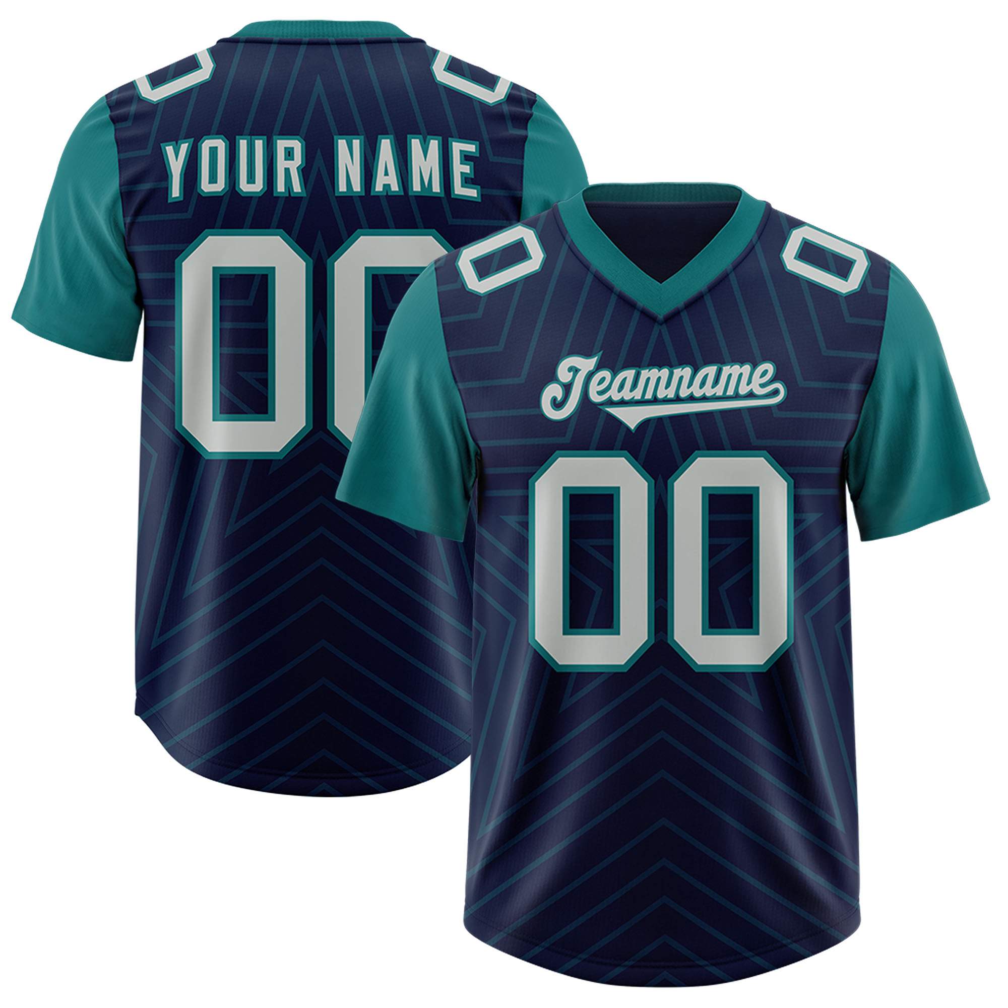 Custom Navy Aqua Personalized Star Pattern Raglan Sleeves Authentic American Football Jersey