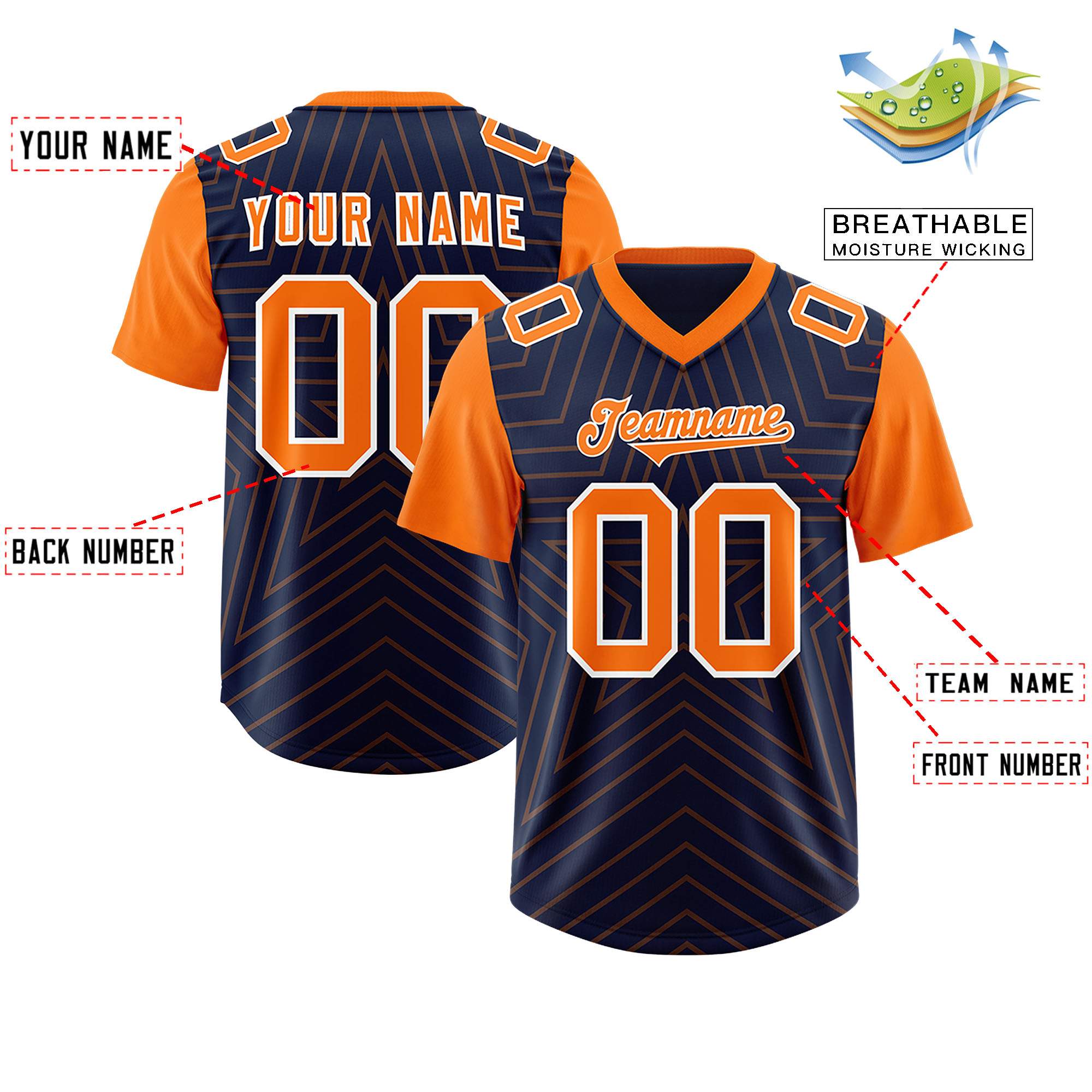 Custom Navy Orange Personalized Star Pattern Raglan Sleeves Authentic American Football Jersey