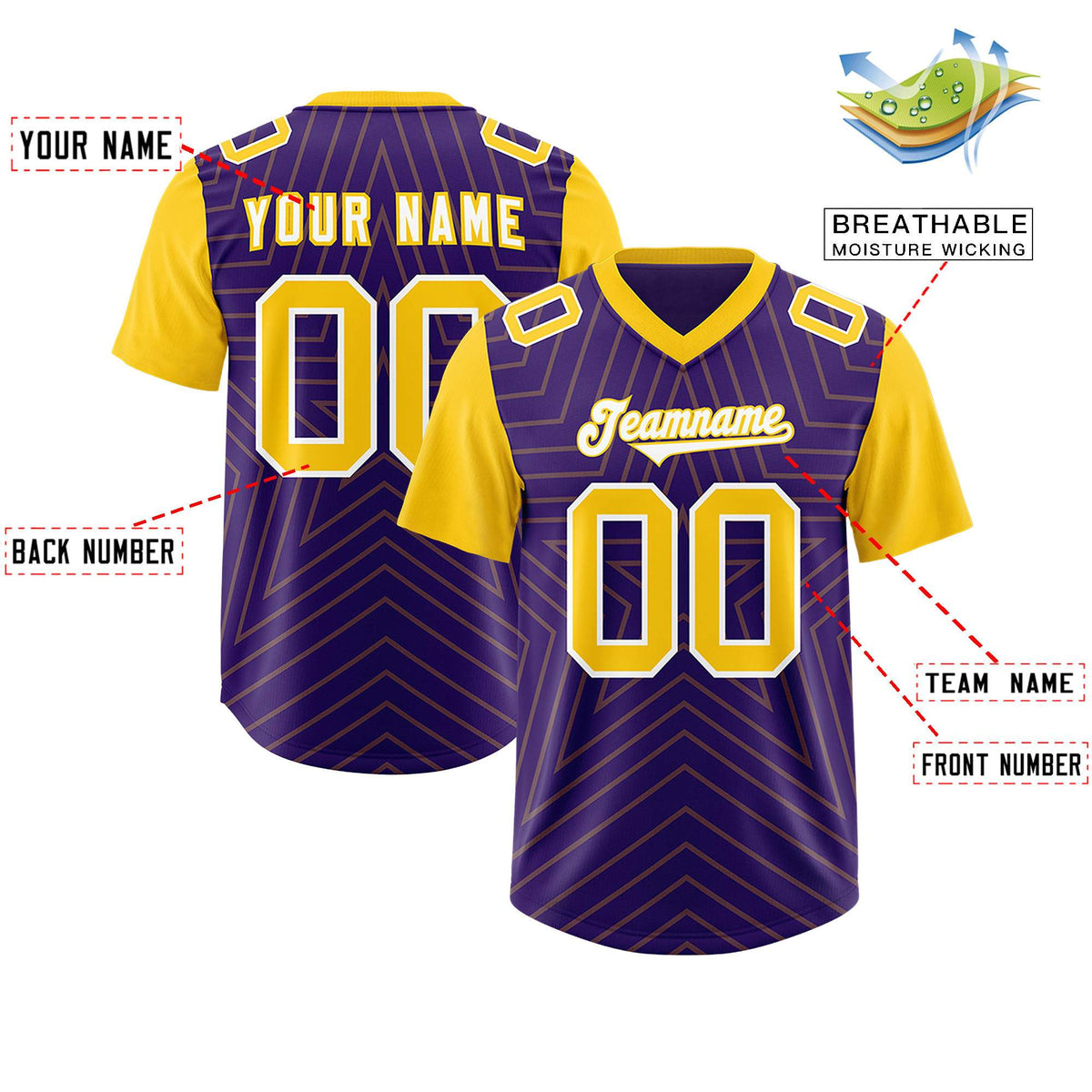 Custom Purple Gold Personalized Star Pattern Raglan Sleeves Authentic American Football Jersey