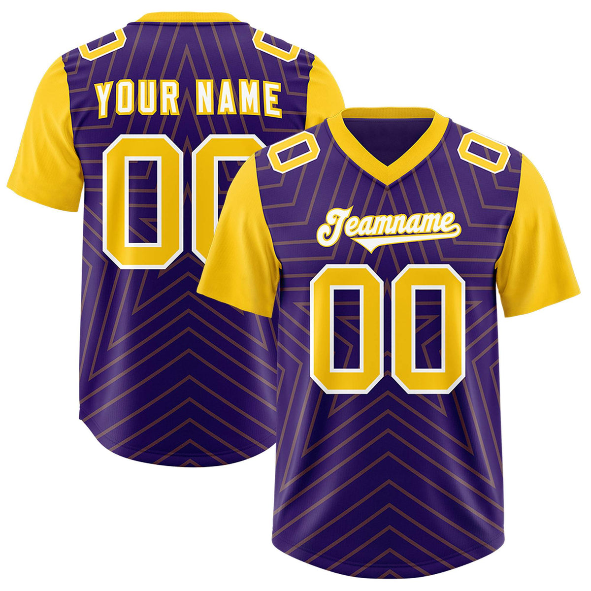 Custom Purple Gold Personalized Star Pattern Raglan Sleeves Authentic American Football Jersey