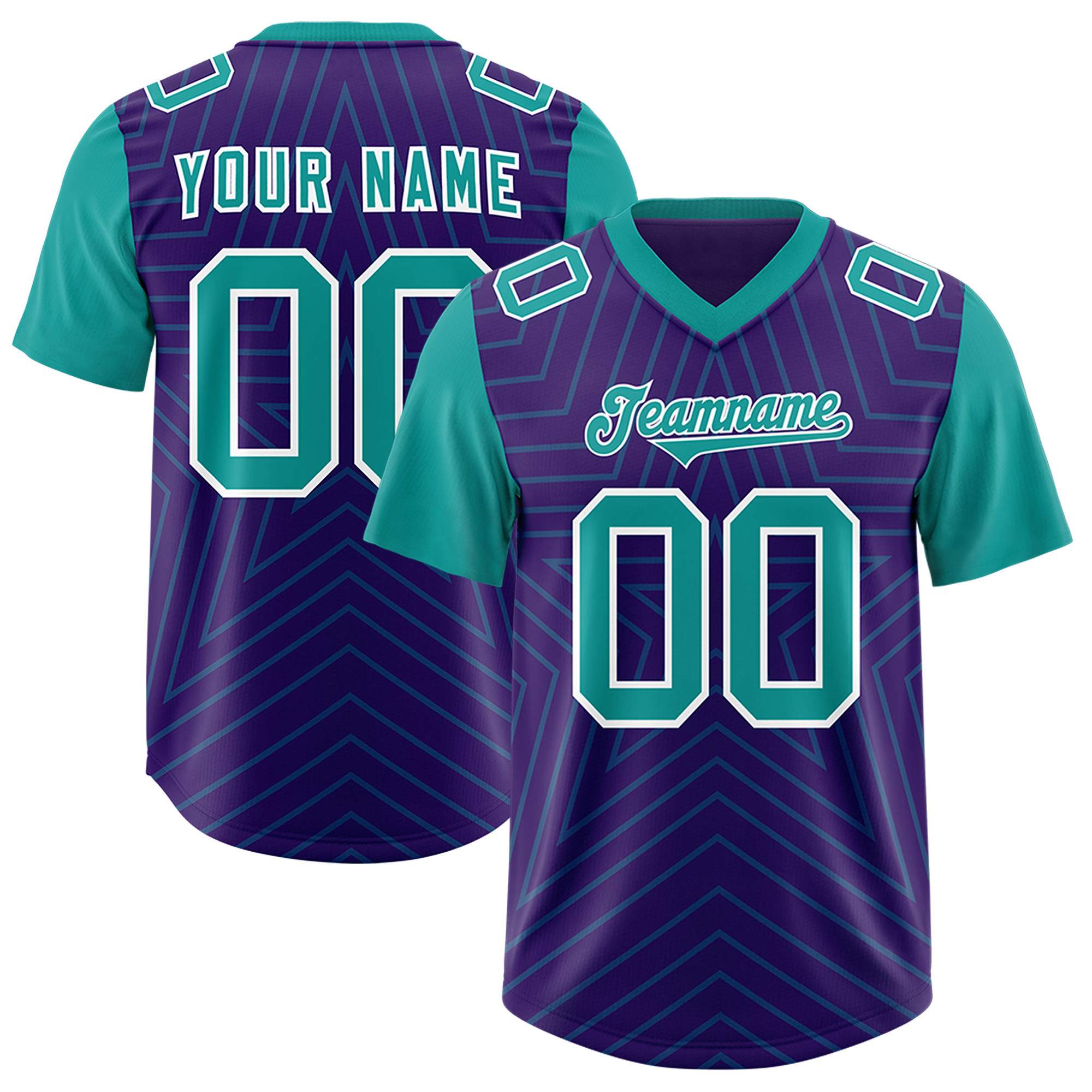 Custom Purple Aqua Personalized Star Pattern Raglan Sleeves Authentic American Football Jersey