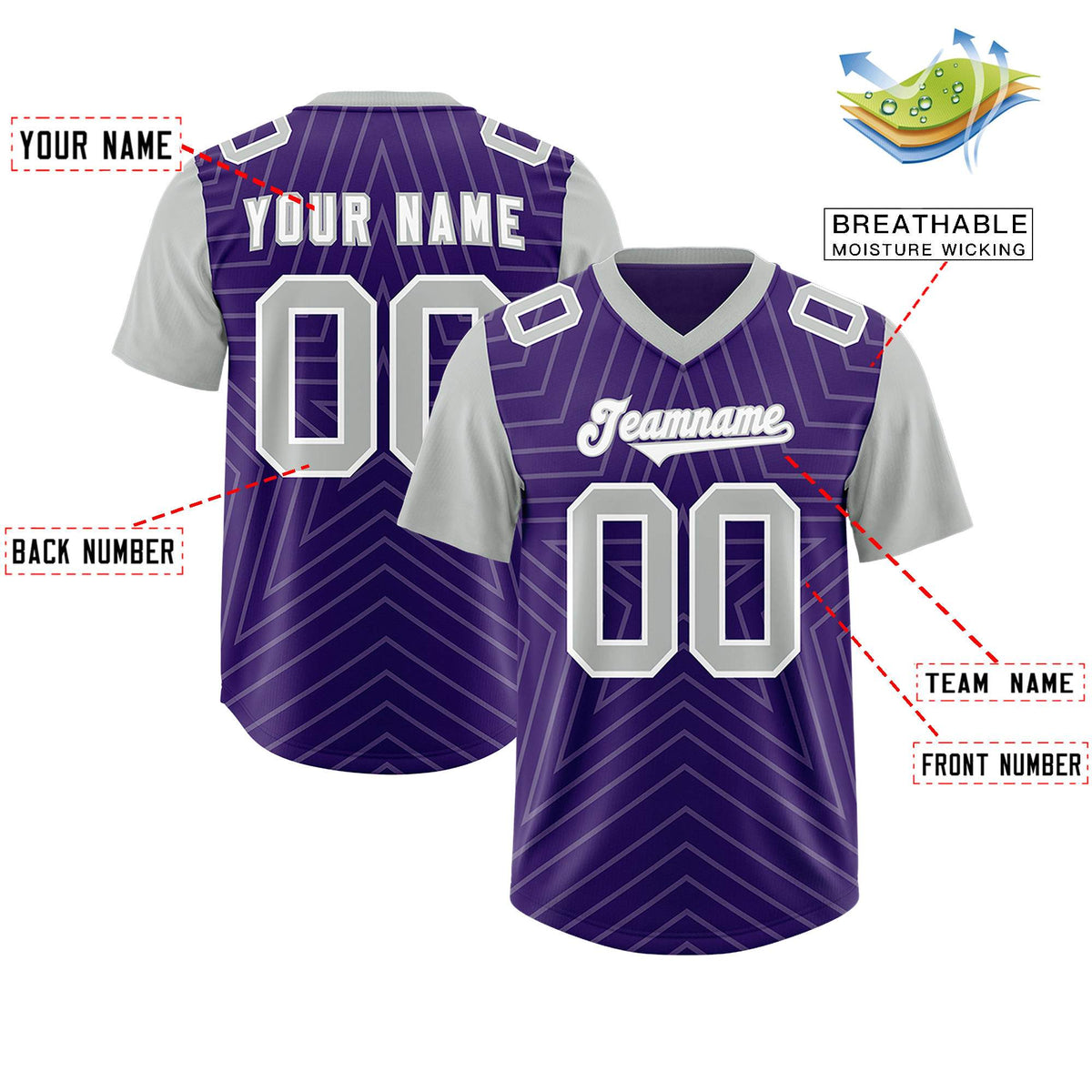 Custom Purple Gray Personalized Star Pattern Raglan Sleeves Authentic American Football Jersey