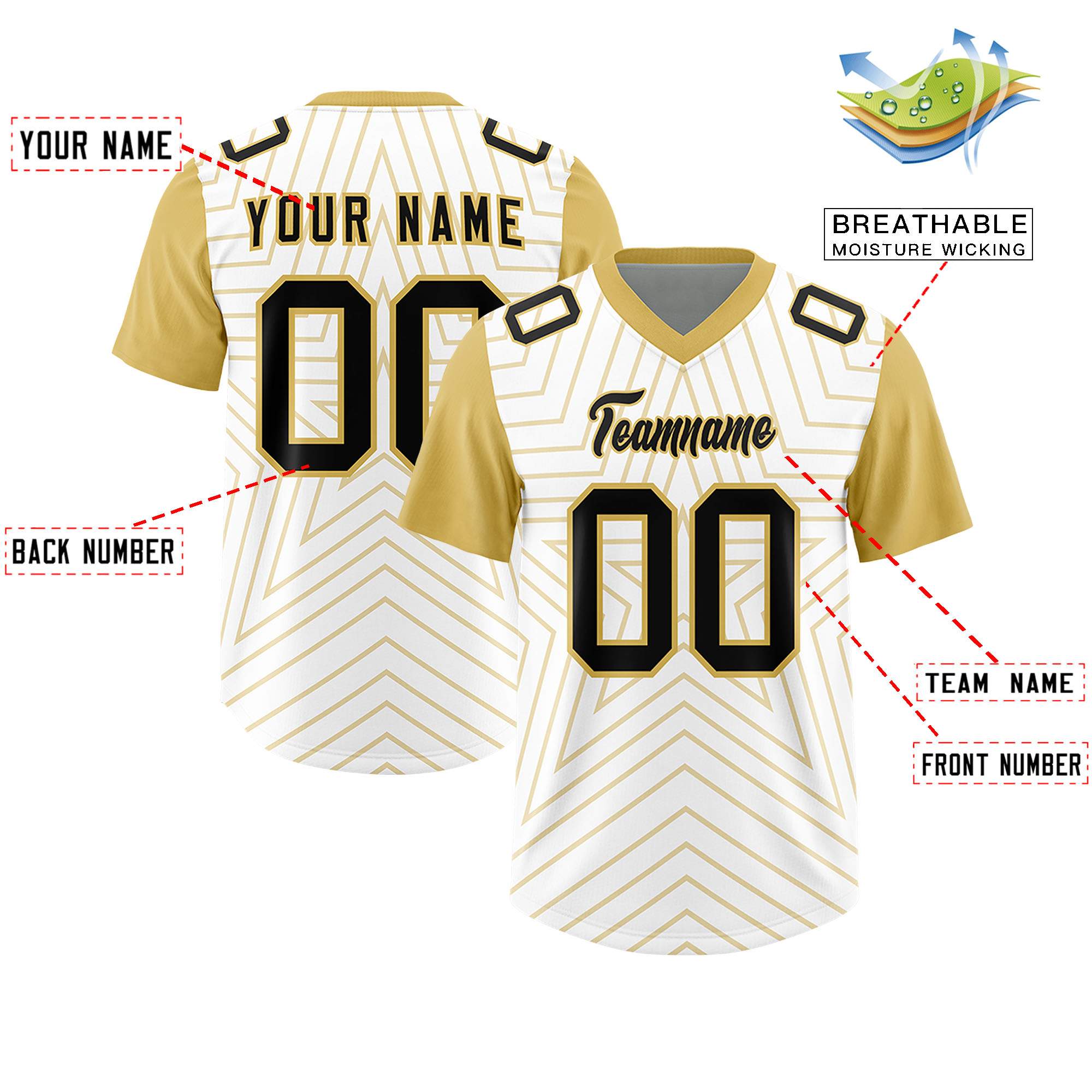 Custom White Old Gold Personalized Star Pattern Raglan Sleeves Authentic American Football Jersey