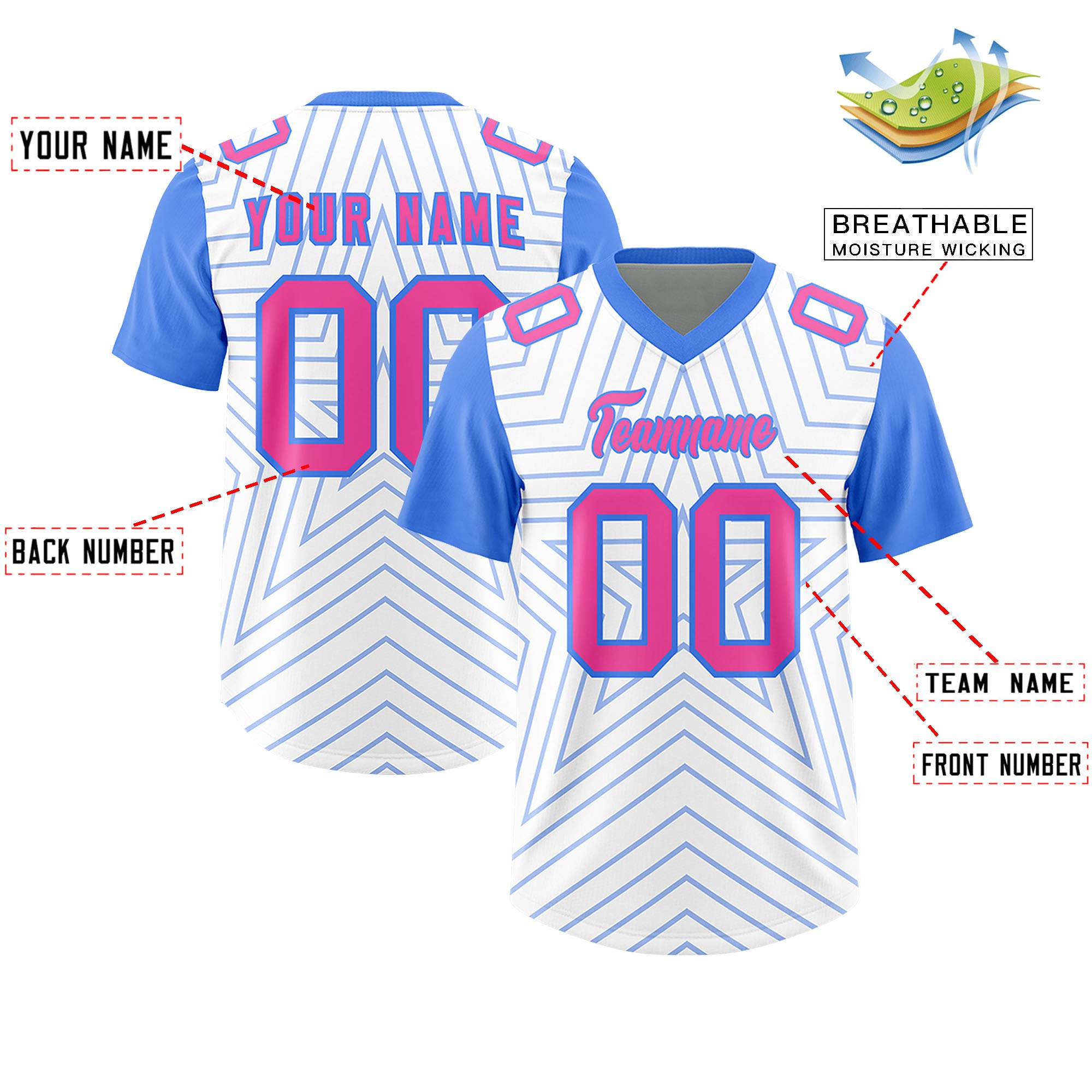 Custom White Powder Blue Personalized Star Pattern Raglan Sleeves Authentic American Football Jersey
