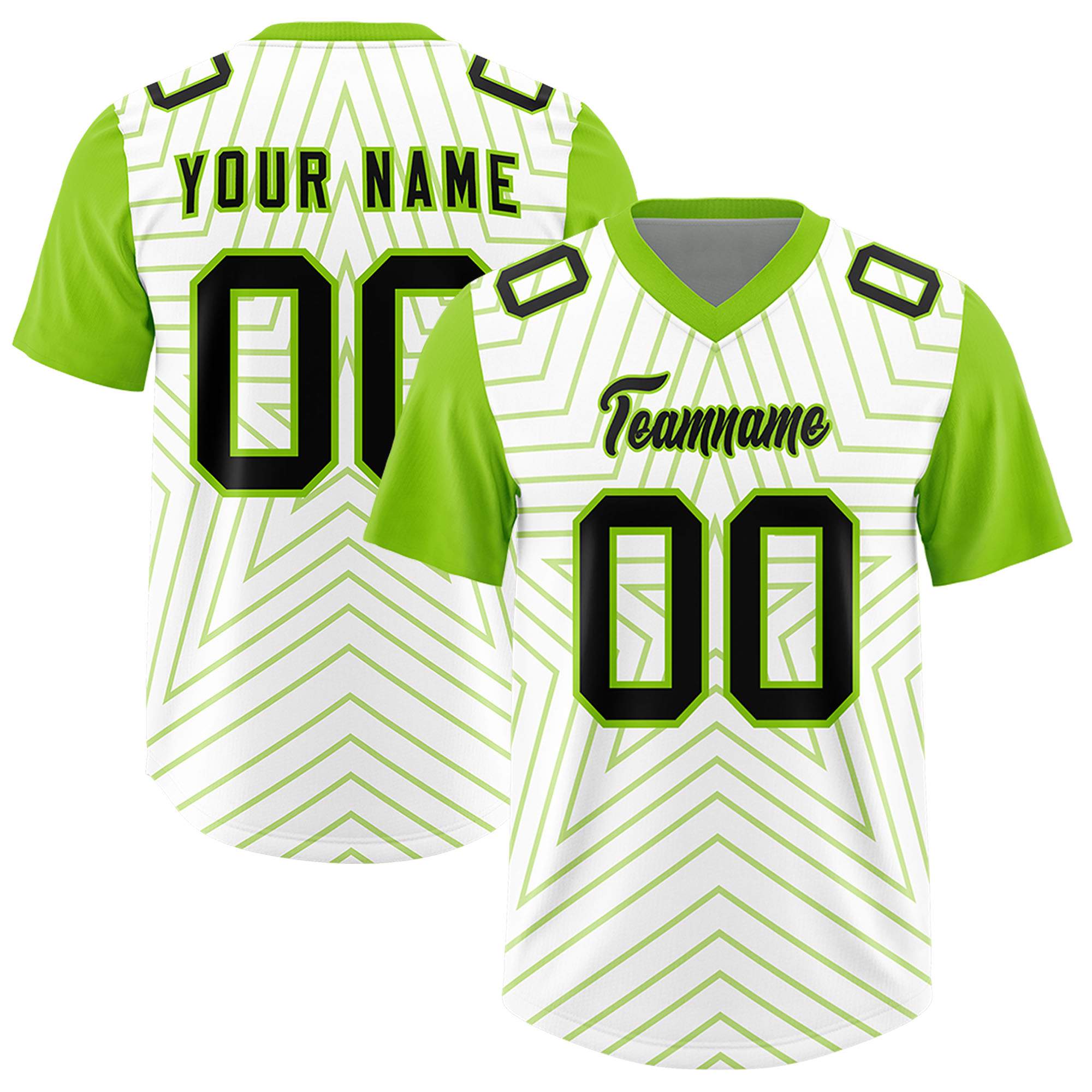 Custom White Neon Green Personalized Star Pattern Raglan Sleeves Authentic American Football Jersey